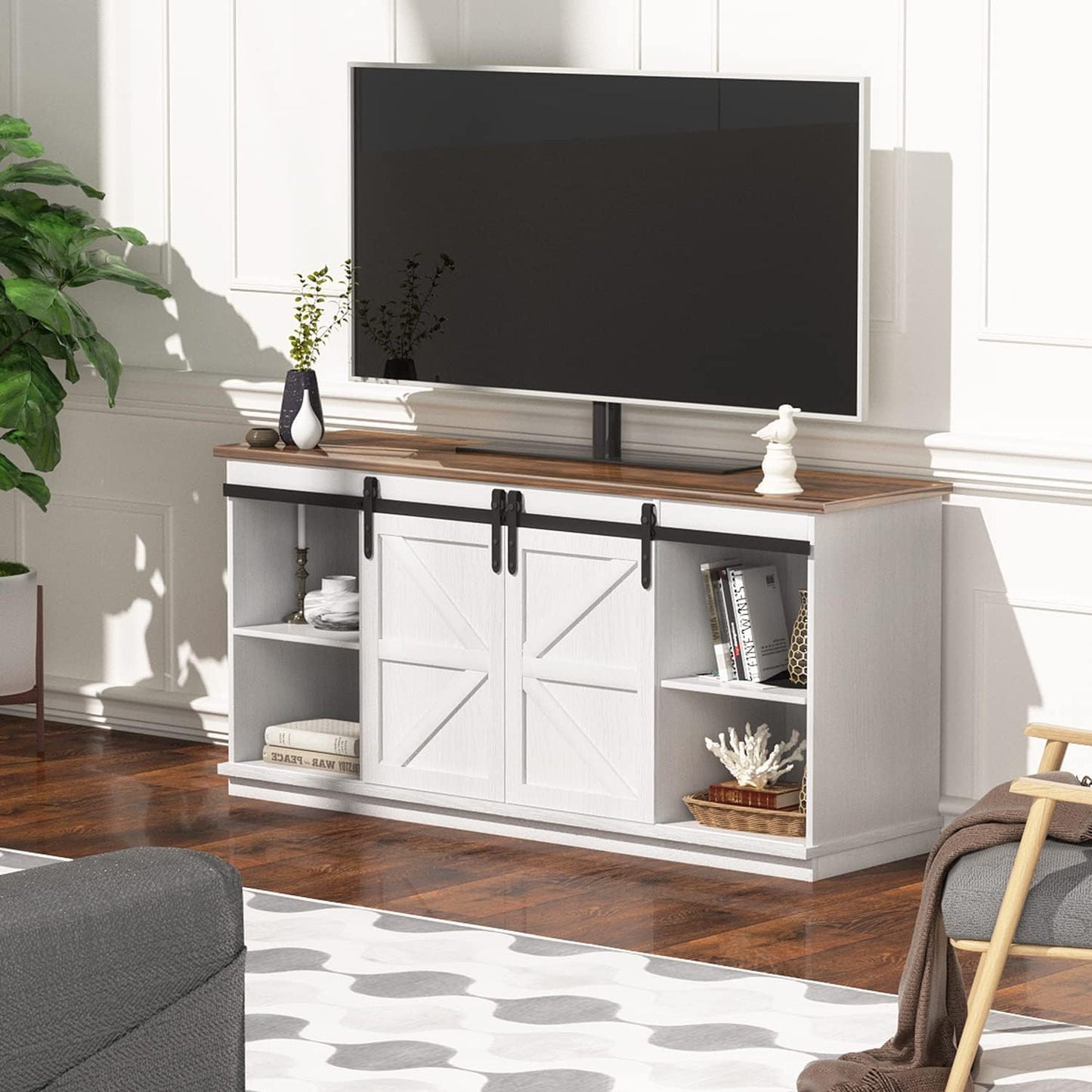 YESHOMY Farmhouse TV Stand for Televisions up to 65 Inches, Sliding Barn Doors and Storage Cabinets, Console Table and Media Furniture for Living Room, 58 Inch, Milk White