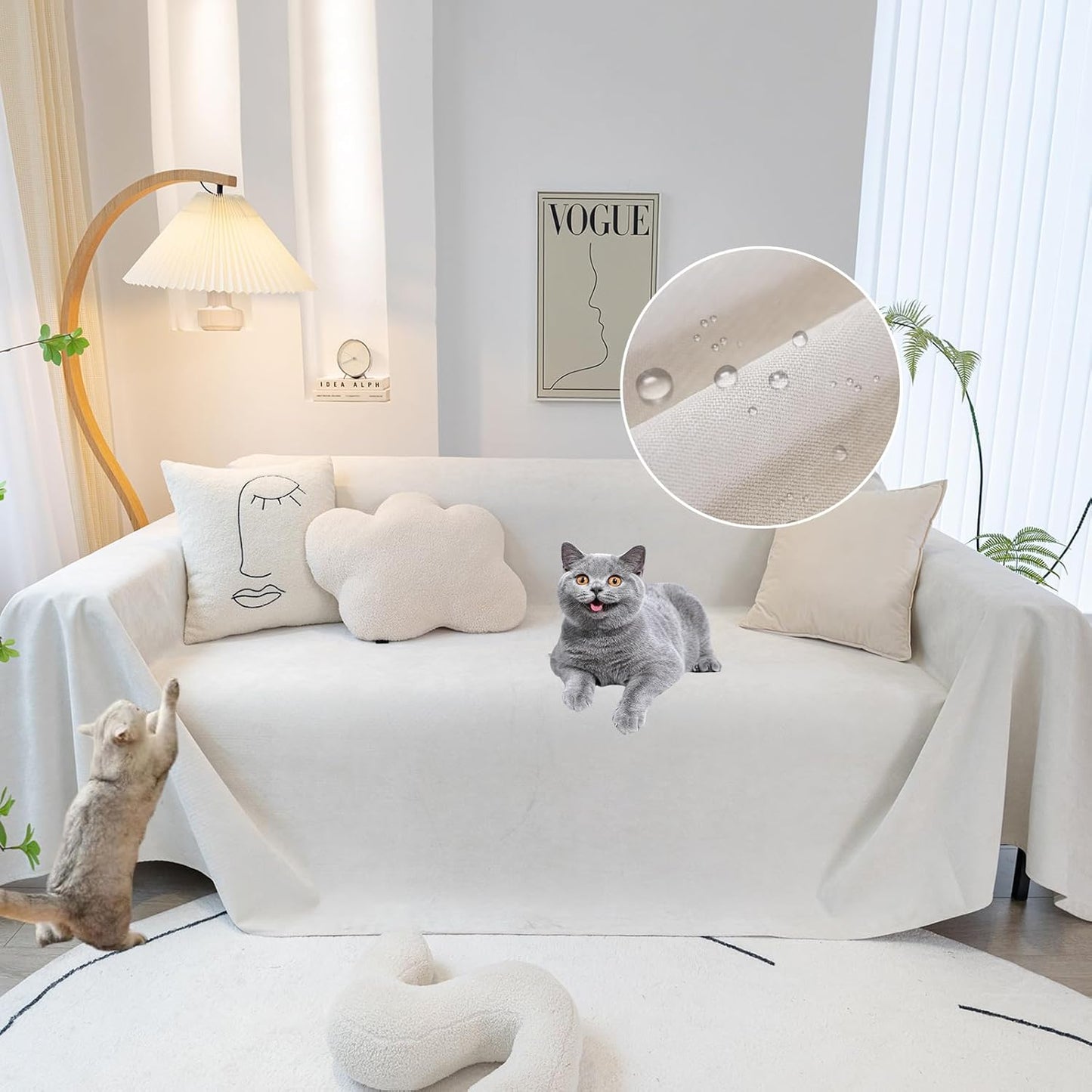 STACYPIK Waterproof White Sofa Cover, Anti-Scratch Pet Sofa Cover for 3 Cushion Couch, Washable Furniture Protector, Loveseat Slipcover for Sectional, Multi-use Couch Cover for L-Shaped-71X134IN