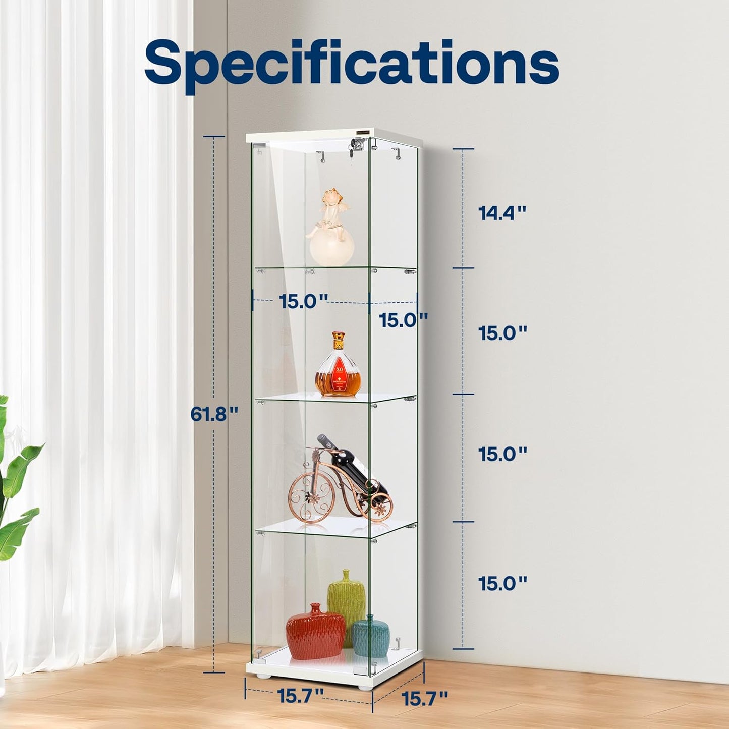VIVOHOME 4 Layers 15.7''W x 15.7''D x 62.6''H Glass Display Cabinet Countertop Showcase with Lock, 5mm Tempered Glass 25mm MDF Base
