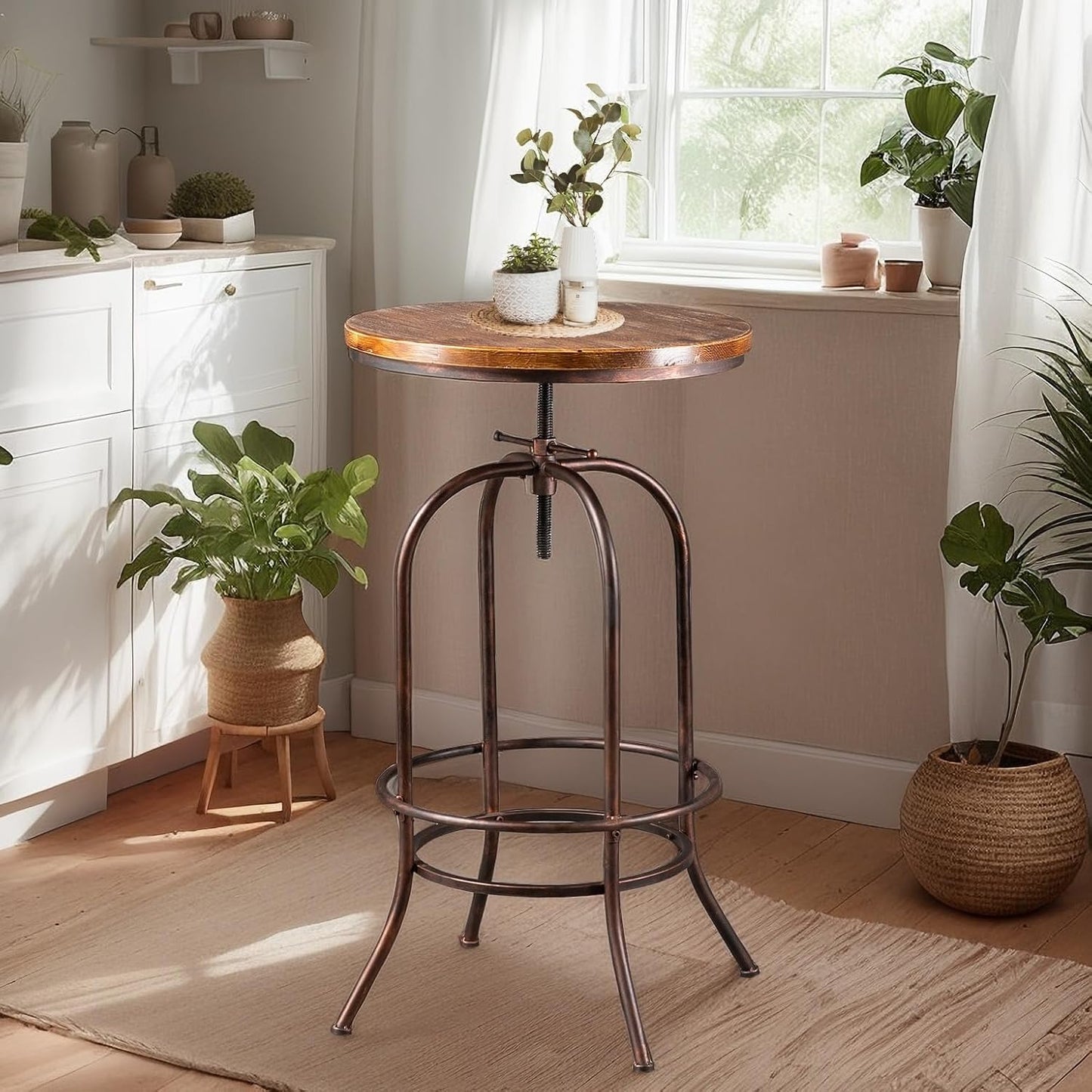 Vintage Bar Table Swivel Industrial Style Pub Table Kitchen Dining Tables Height Adjustable 37.4-45.3inch Coffee Table with Footrest