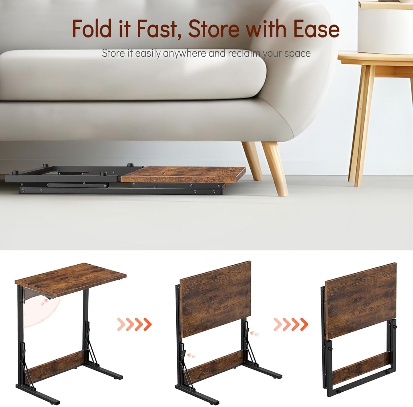 Tatub 24" Folding C Shaped End Table Set of 4, Small Sofa Side Laptop Desk, Couch TV Tray Table for Living Room, Bedroom, Rustic Brown