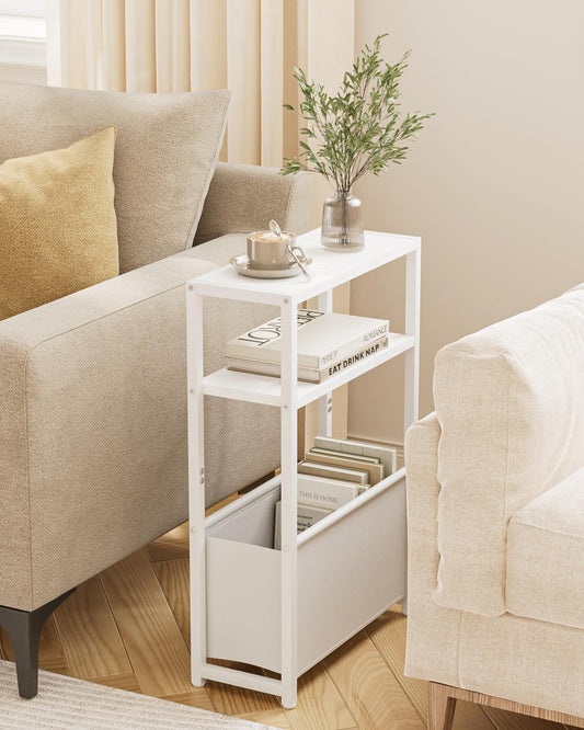 Narrow Side Table, 3-Tier Side Table with Storage Bag, Narrow Nightstand for Small Spaces, Bedside Table for Living Room, Bedroom, White