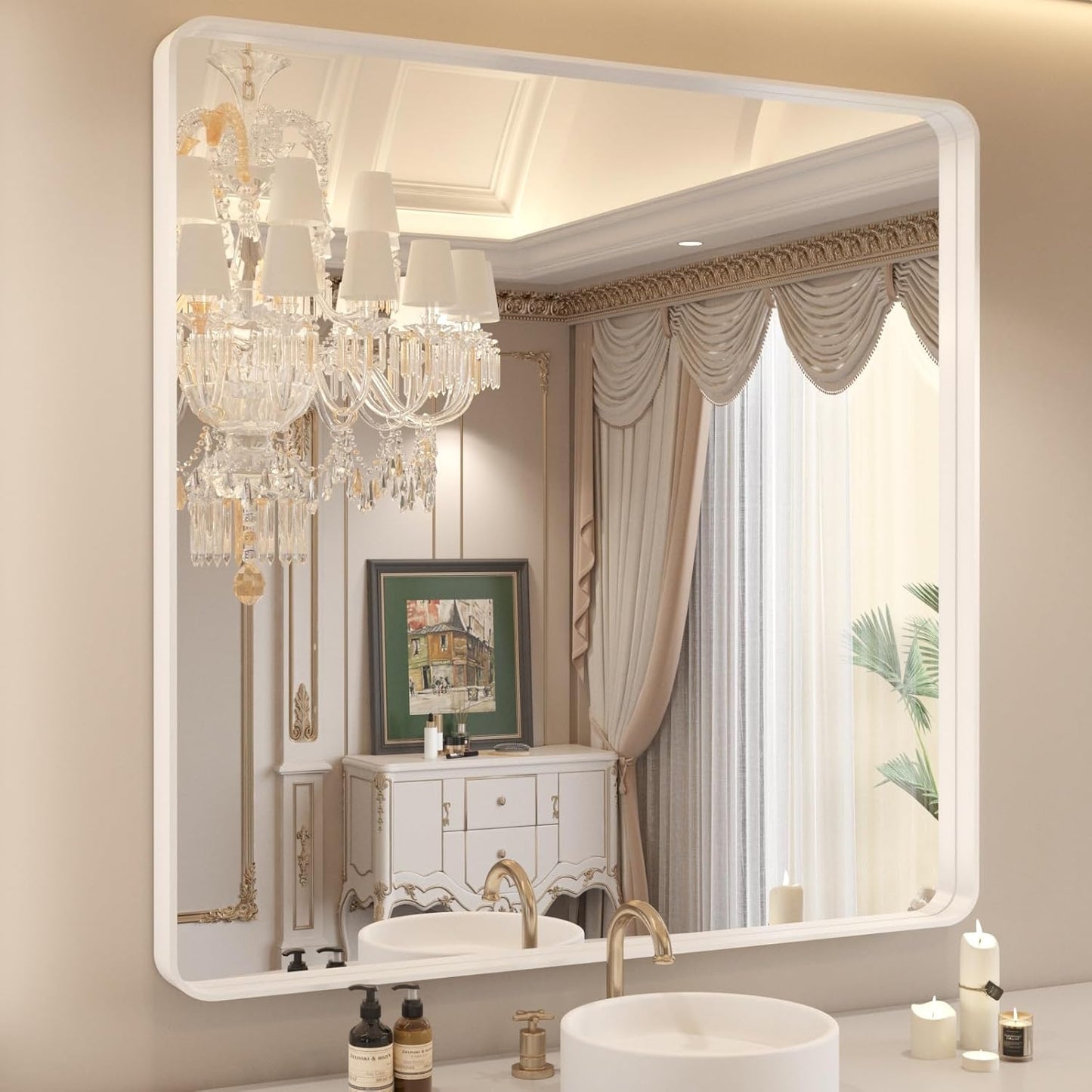 WEER White Bathroom Mirror 36X36 Inch, Rounded Rectangle White Metal Frame Mirror, Matte White Bathroom Vanity Mirror with Tempered Glass, Anti-Rust, Hangs Horizontally or Vertically