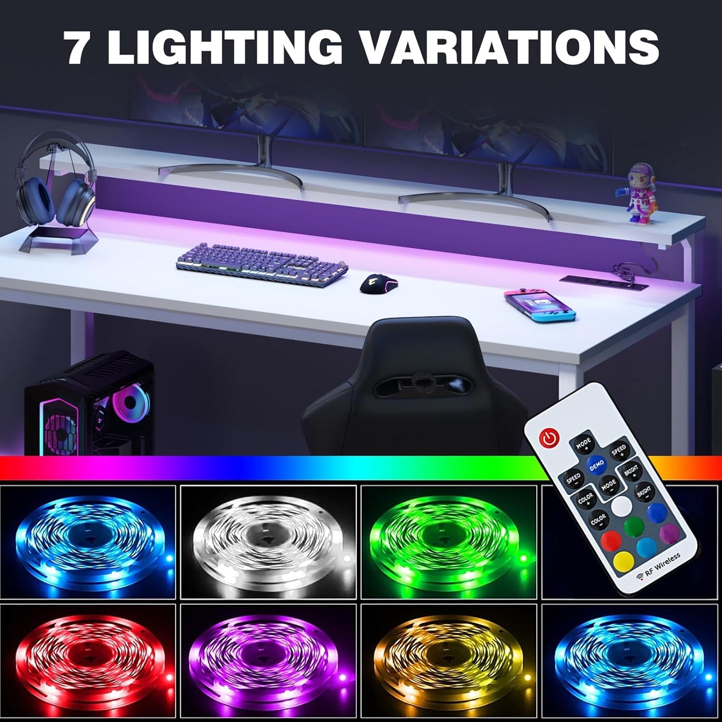 DlandHome Computer Desk 60” with LED Lights &Power Outlets, Writing Desk with Monitor Stand, Work Study Desk for Home Office, White