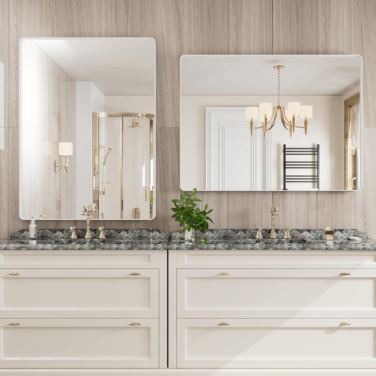 White Bathroom Mirror 48x36 Inch, White Metal Framed Bathroom Mirror for Wall, Rounded Rectangle Matte Bathroom Vanity Mirror, Tempered Glass, Anti-Rust, Horizontal/Vertical