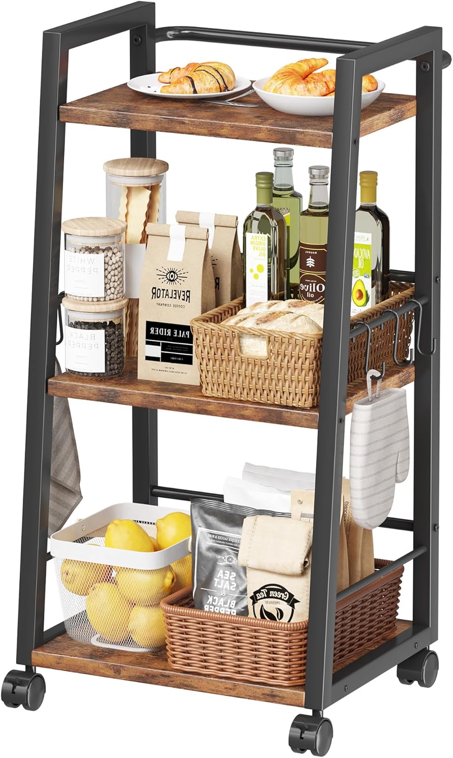 3 Tier Kitchen Storage Cart with Lockable Wheels & 6 Hooks, Mobile Utility Organizer Rolling Cart for Small Spaces, Bar Cart for Kitchen and Living Room, Rustic Brown