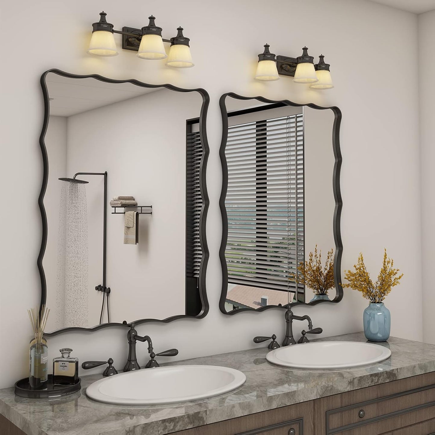 24x32 Black Bathroom Mirror for Wall, Rectangle Framed Mirror for Bathroom, Decorative Wall Mirror with Wavy Frame, Anti-Rust(Horizontal/Vertical)