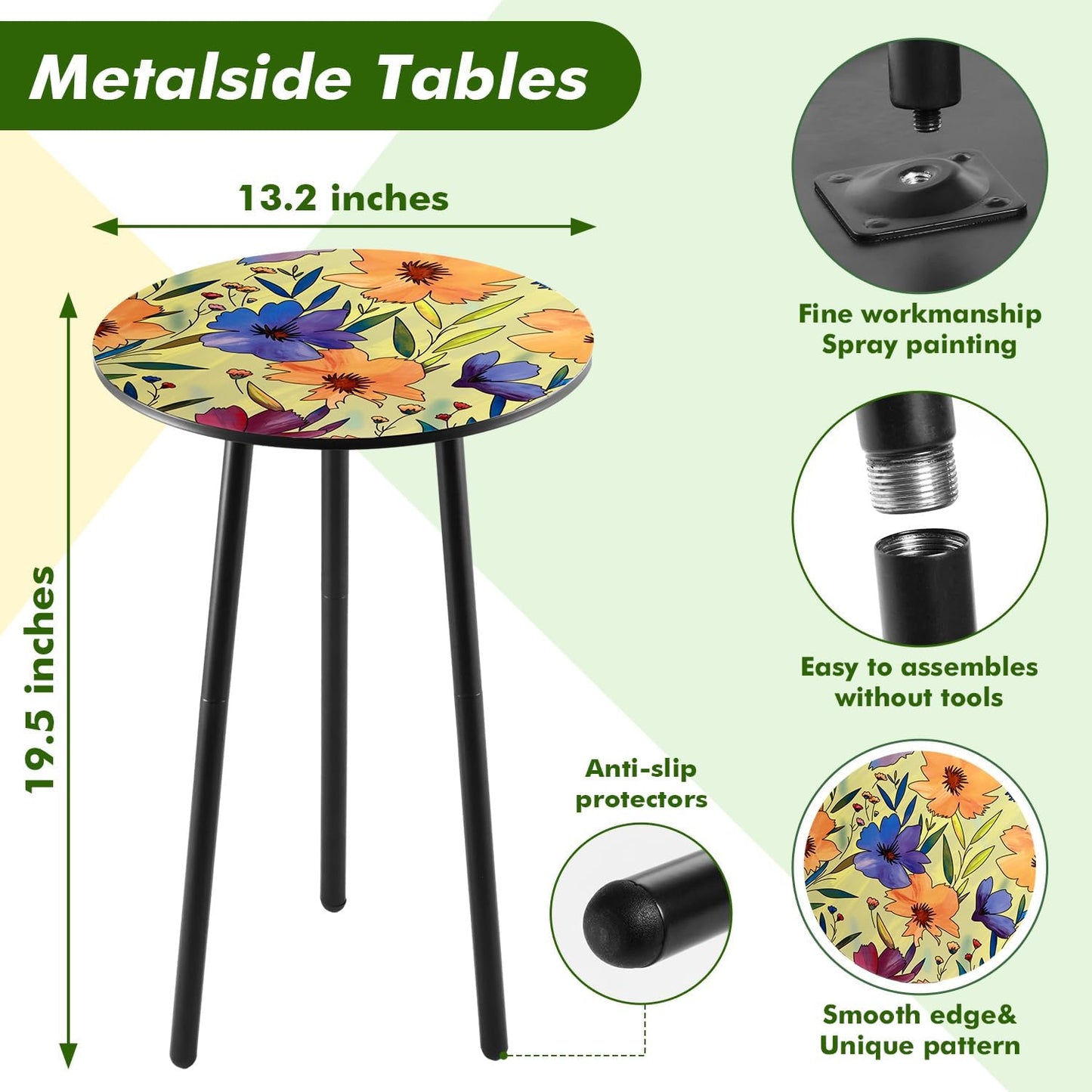 2 Packs Metal Floral Round Side Table 13.2" Small Outdoor Patio Round Accent Coffee Tables Indoor Corner Stand for Small Spaces Weather-Resistant for Balcony Plant Stand