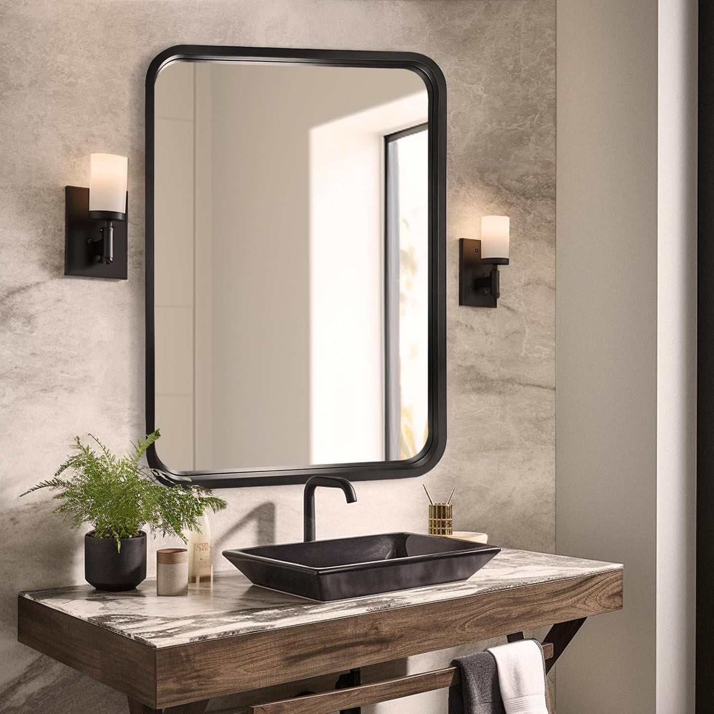 WallBeyond 18x24 Inch Wood Mirror for Bathroom, Wooden Frame Wall Mirror Farmhouse Wall Mounted Rectangle Mirror for Vanity (Horizontal/Vertical Black Color)