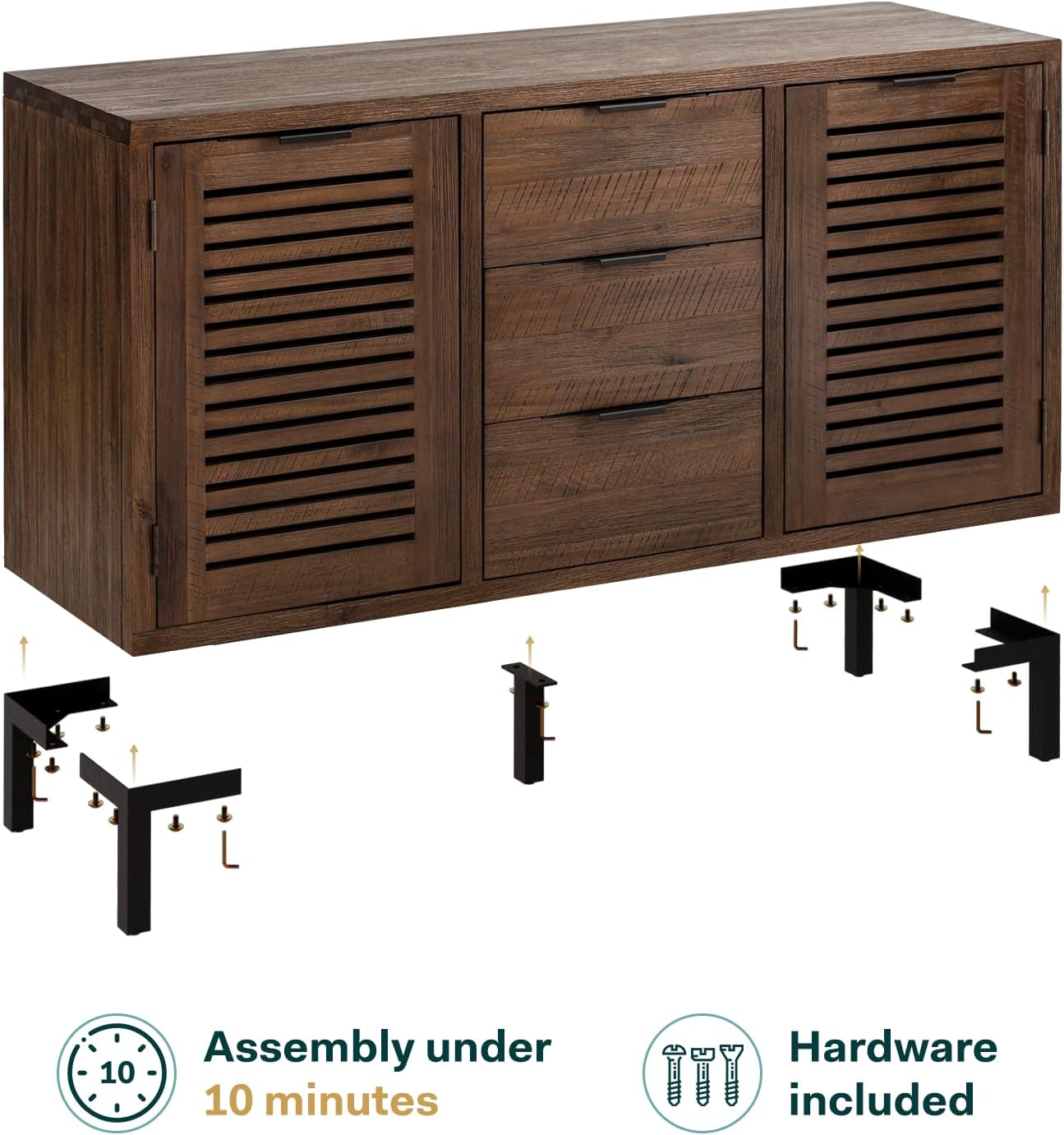 Bme Millie Premium Solid Wood Sideboard Storage Cabinet with Storage, Pre-Assembled with 3 Drawers & 2 Doors, Adjustable Shelves