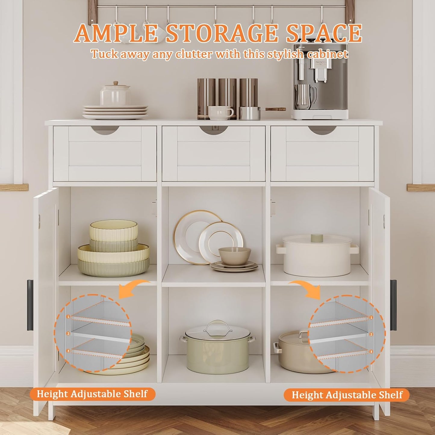 Storage Cabinet, Coffee Bar Cabinet with 2 Adjustable Shelves, 3 Drawers, and 2 Doors, for Bathroom, Kitchen, Living Room (White)