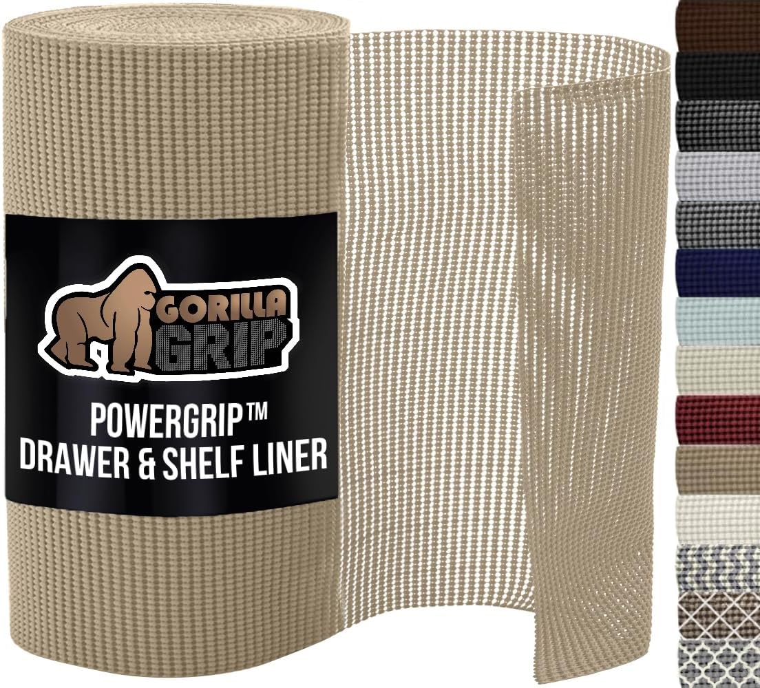 GORILLA GRIP powerGRIP Drawer Shelf and Cabinet Liner, Thick Strong Hold, Non-Adhesive Liners Protect Kitchen Cabinets and Cupboard, Bathroom Drawers, Easy Install, Breathable Mat, 24" x20', Beige