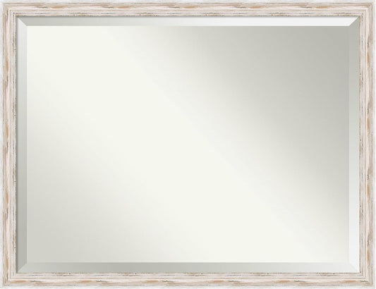 Amanti Art White Bathroom Mirror for Over Sink, 33x43 Alexandria White Wash Narrow Rectangle Vanity Mirror, X-Large Cottage Wood Frame, Hangs Horizonally and Vertically, Bathroom Wall Decor, Beveled