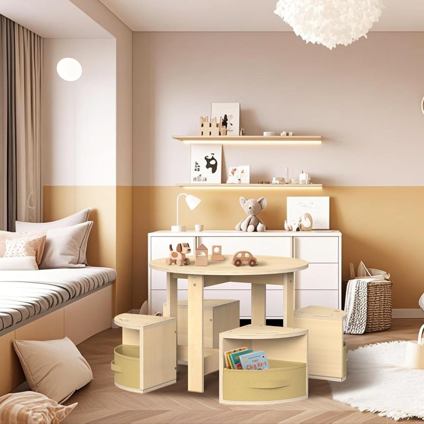 Toddler Table and Chair Set with 3 Storage Stools, Round Shaped Nesting Design, Kids Activity Table for Play/Art/Reading/Craft, Natural