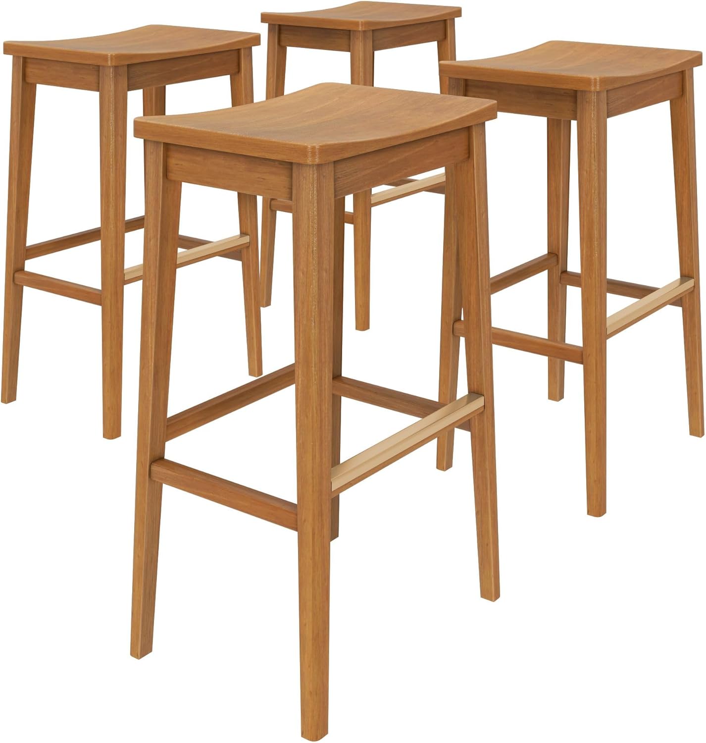 Plank+Beam Smythe Bar Stool, 30", Set of 4, Sturdy Wood Modern Kitchen Bar Height Stool, Saddle Seat Backless Bar Chair, Metal Footrest, Pecan