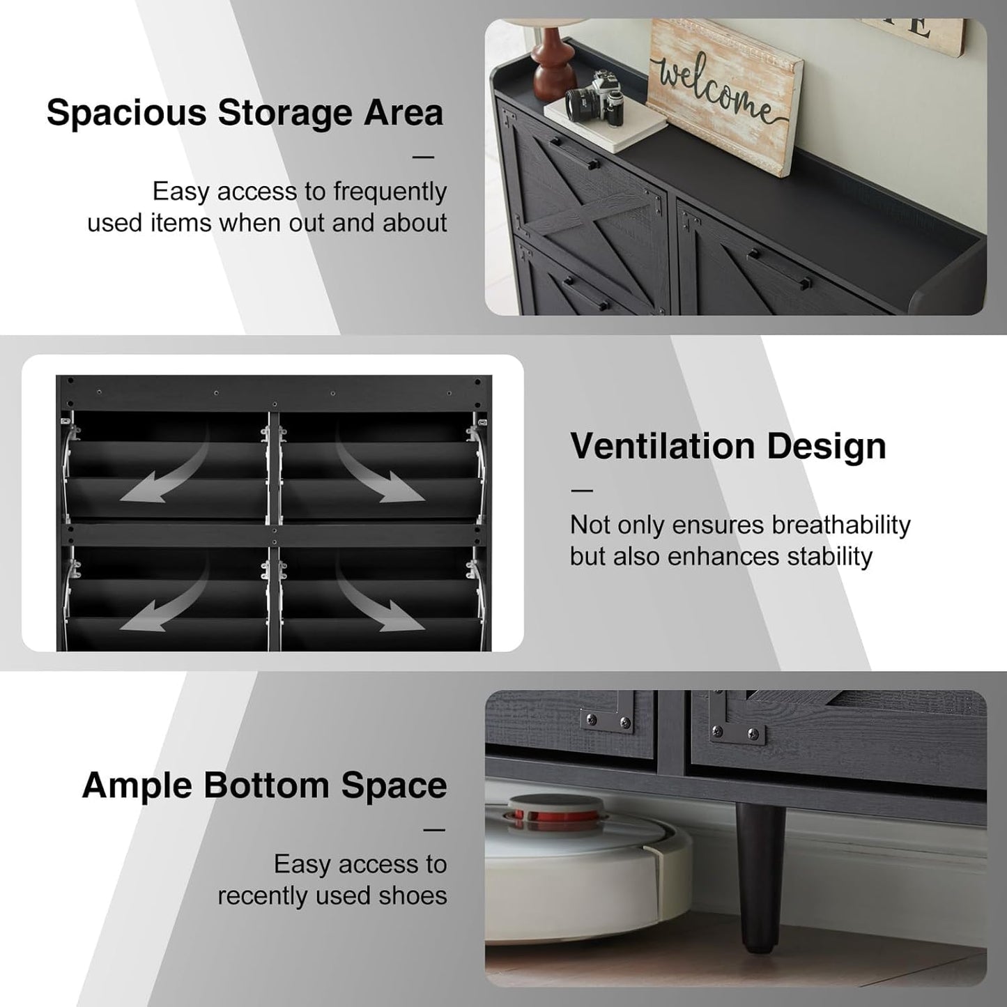 Shoe Storage Cabinet,Farmhouse Shoe Organizer with 4 Flip Drawers & Barn Door Design,Freestanding Hidden Slim Narrow Shoe Rack Cabinet for Entryway,Foyer,Hallway,Black