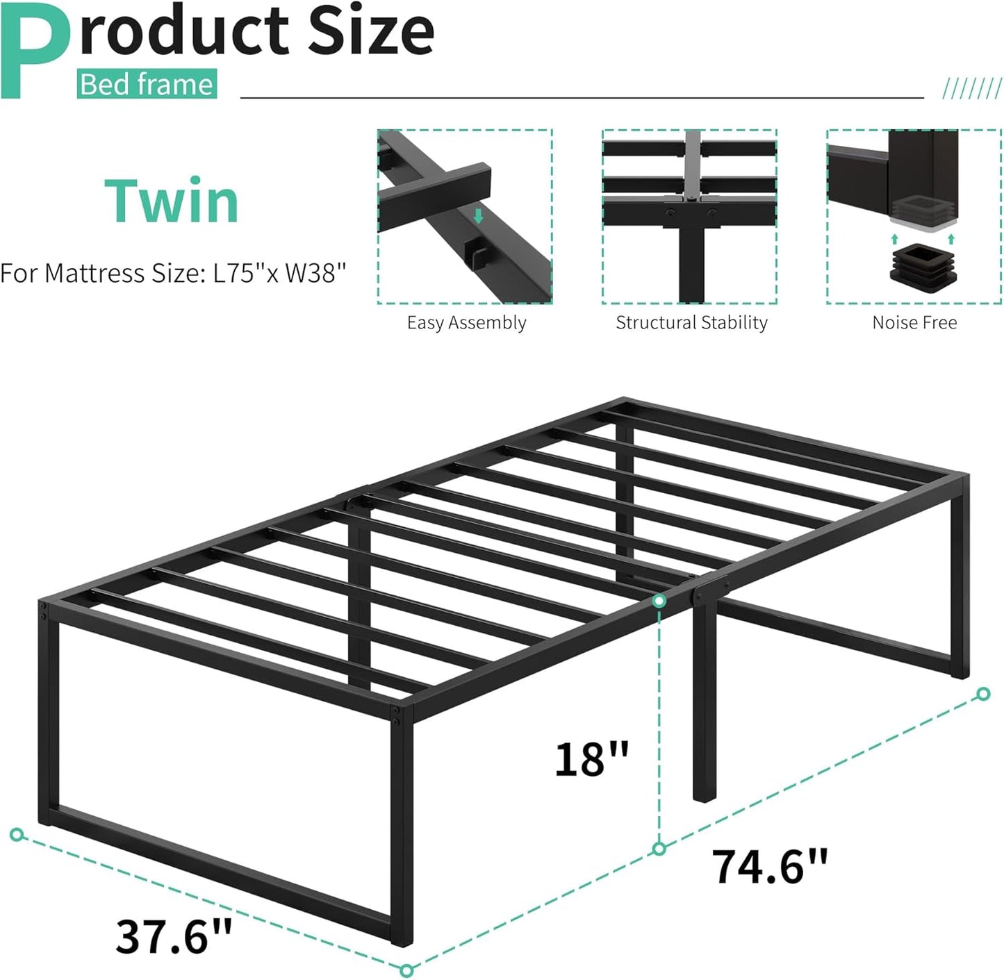 18 Inch Twin Bed Frames Heavy Duty Metal Twin Platform Bed Frame No Box Spring Needed, Noise Free, Easy Assembly, Black