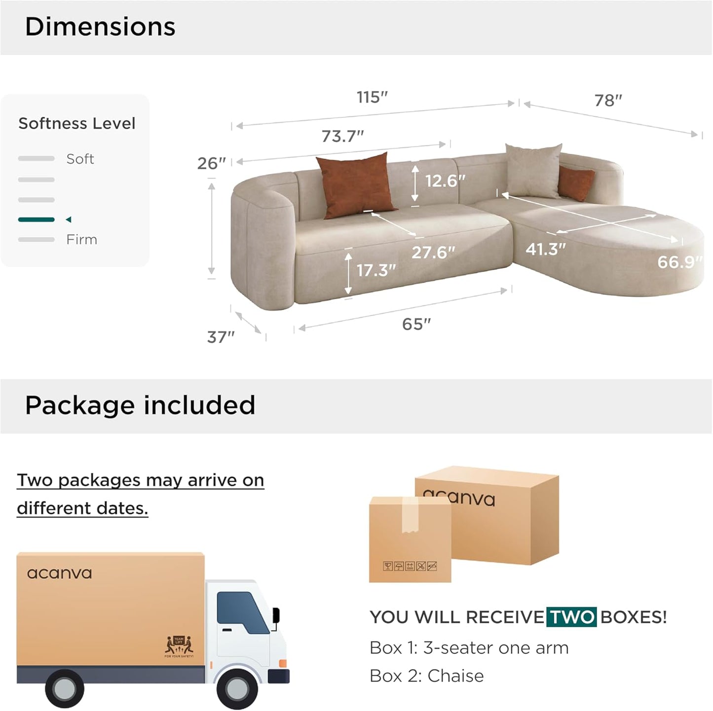 Acanva Luxury Modern Tight Curved Back Velvet Sofa, Minimalist Style Comfy Couch for Living Room Apartment, L-Shape Right Chaise, Cream