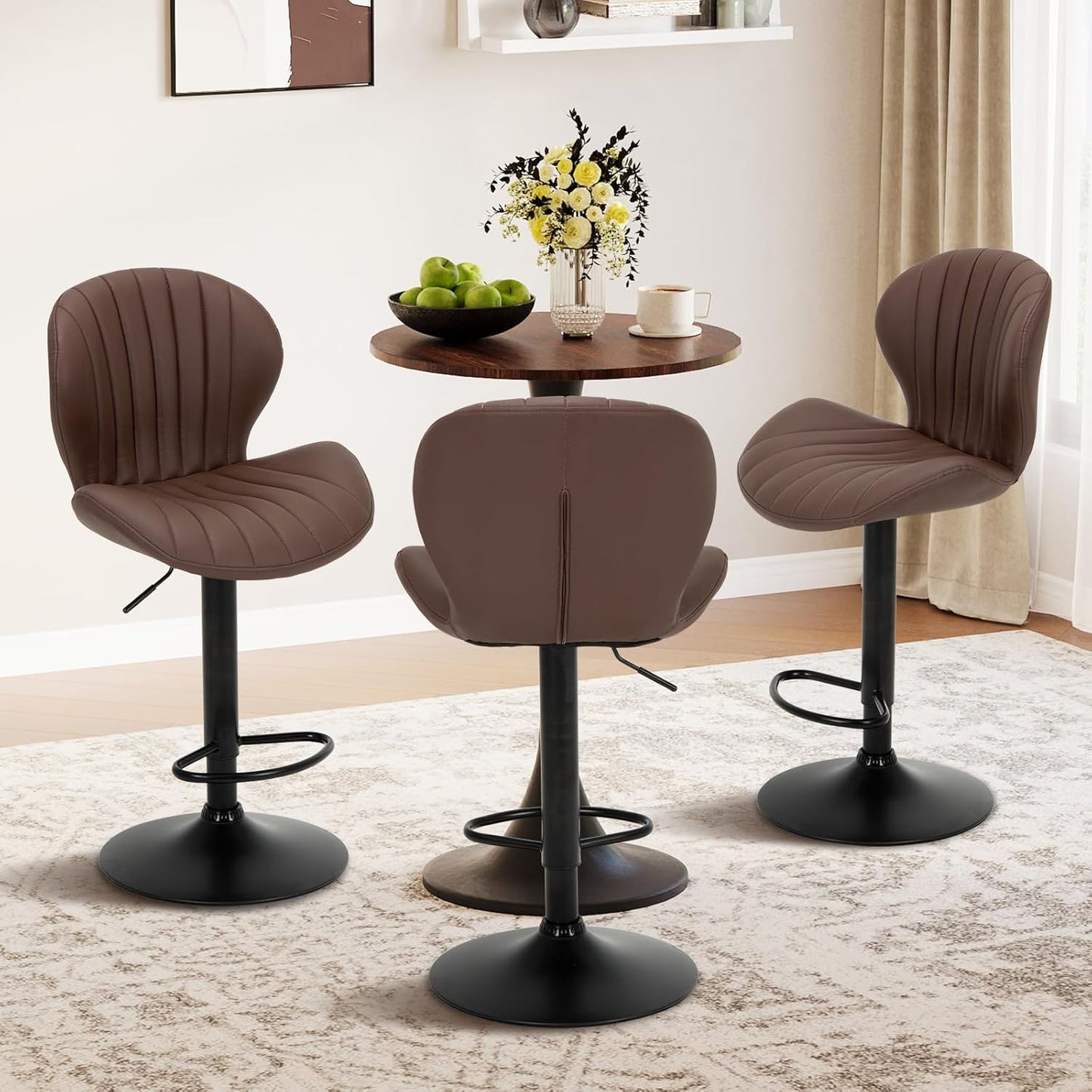 COLAMY Bar Stools Set of 2, Modern Swivel Bar Chairs, Adjustable Faux Leather Upholstered Barstools Counter Height with High Backrest for Bar, Kitchen Island, Dining Room, Brown