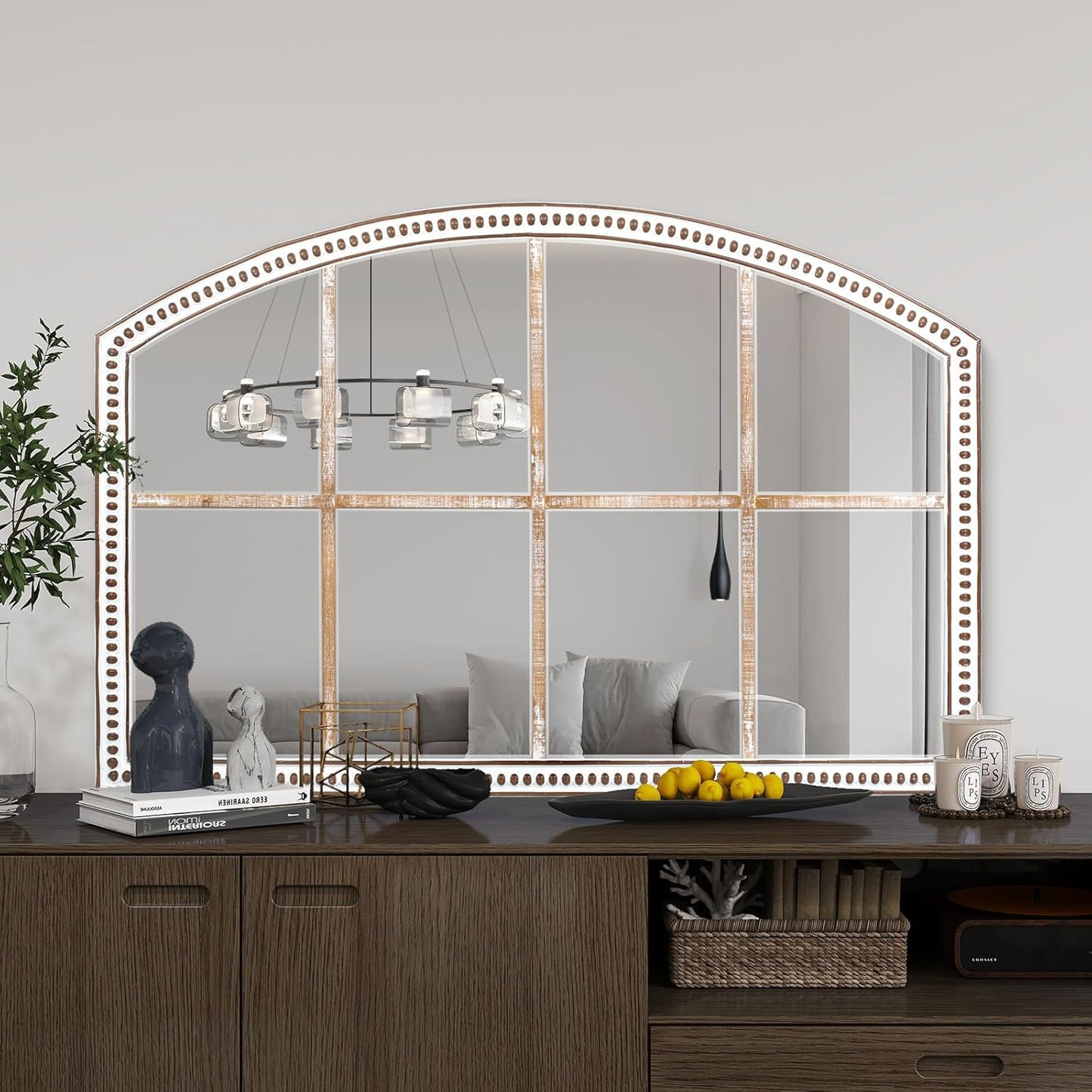 Farmhouse Windowpane Wall Mirror 28x42 Inch, Large Rustic White Wood Mirror Decorative for Living Room, Bedroom, Entryway, Hallway