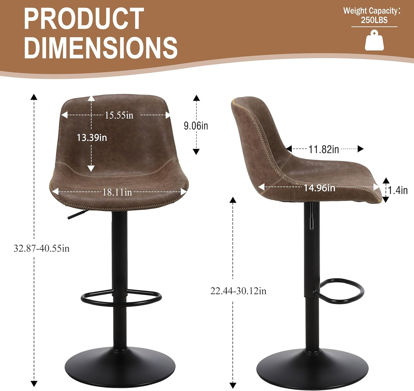 Bar Stools, Swivel Counter Height Barstools with Back, Adjustable Modern Bar Chairs, Tall Armless PU Leather Kitchen Island Stool (Brown, Set of 4)