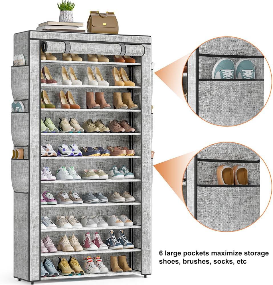 Shoe Rack 10Tier Large Capacity 50-56Pairs Beautiful Tall Shoe Shelf Free Standing Storage Cabinet Entryway Closet