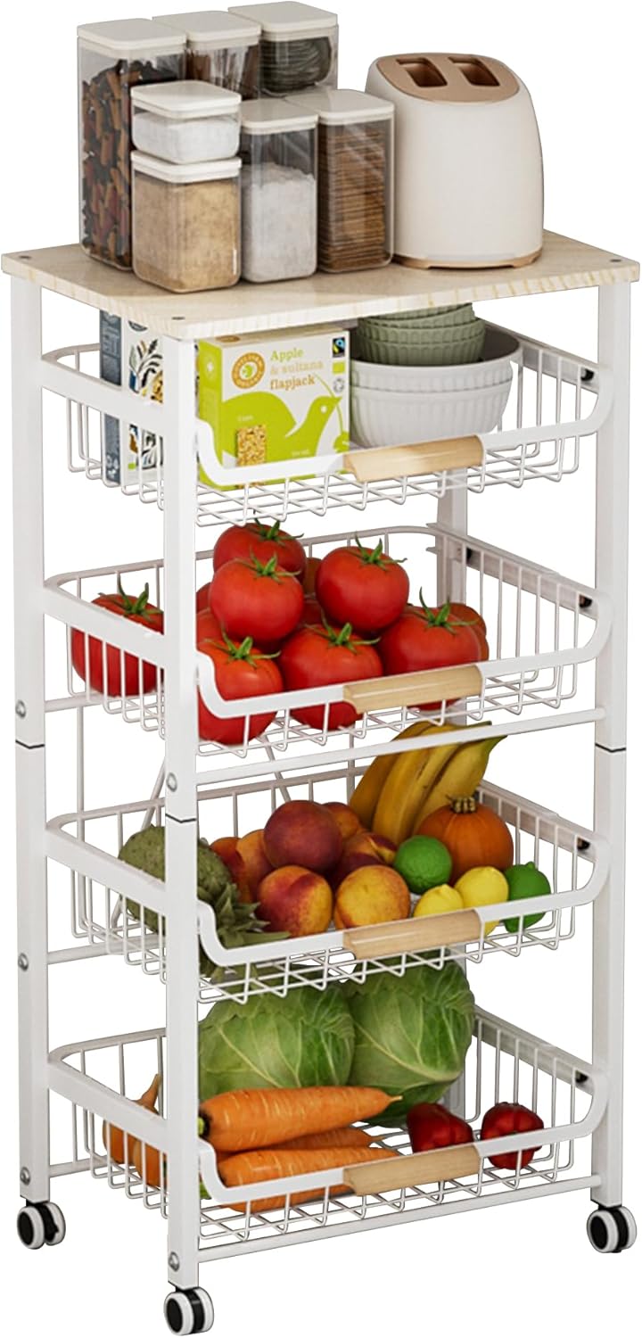 5-Tier Pull-Out Kitchen Storage Cart on Wheels, Fruit Basket, Bedroom Kitchen Organizer, White, 17x11.9x33.66 inches