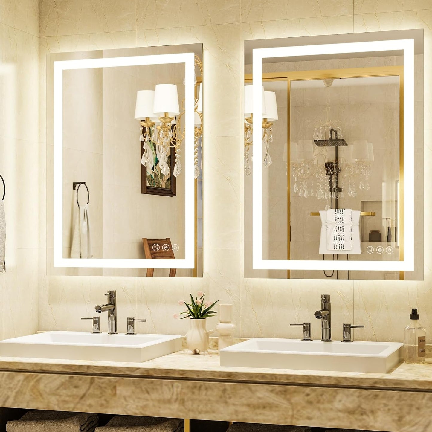 32'' x 24'' LED Bathroom Mirror with Lights, Wall Mirror with Front and Backlight, 3 Colors Vanity Mirror with Lights, Anti-Fog Wall Mirror for Bathroom