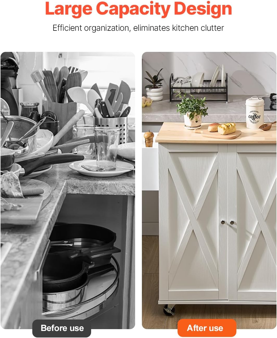 VEVOR Kitchen Island Cart, 45.3x39 inch Rolling Kitchen Table, Mobile Carts with Storage Cabinet and Solid Wood Top, Portable Islands with Wheels, Spice Rack, Towel Rack, Drop Leaf and Drawer, White