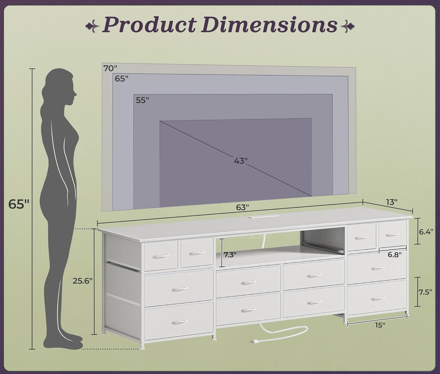 Huuger 63 Inch Dresser TV Stand with LED Lights, Power Outlets and USB-C Port, 12 Fabric Drawer Dresser for Bedroom, Wide Entertainment Center for 65, 70 Inch TV, Media Console, Open Shelf, White