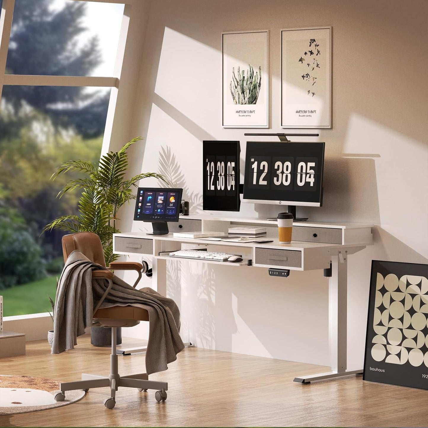 Electric Standing Desk, 55" Standing Desk Adjustable Height, Multifunctional Standing Table with 4 Drawers, Ergonomic Adjustable Standing Desk with Keyboard Tray, Snow White