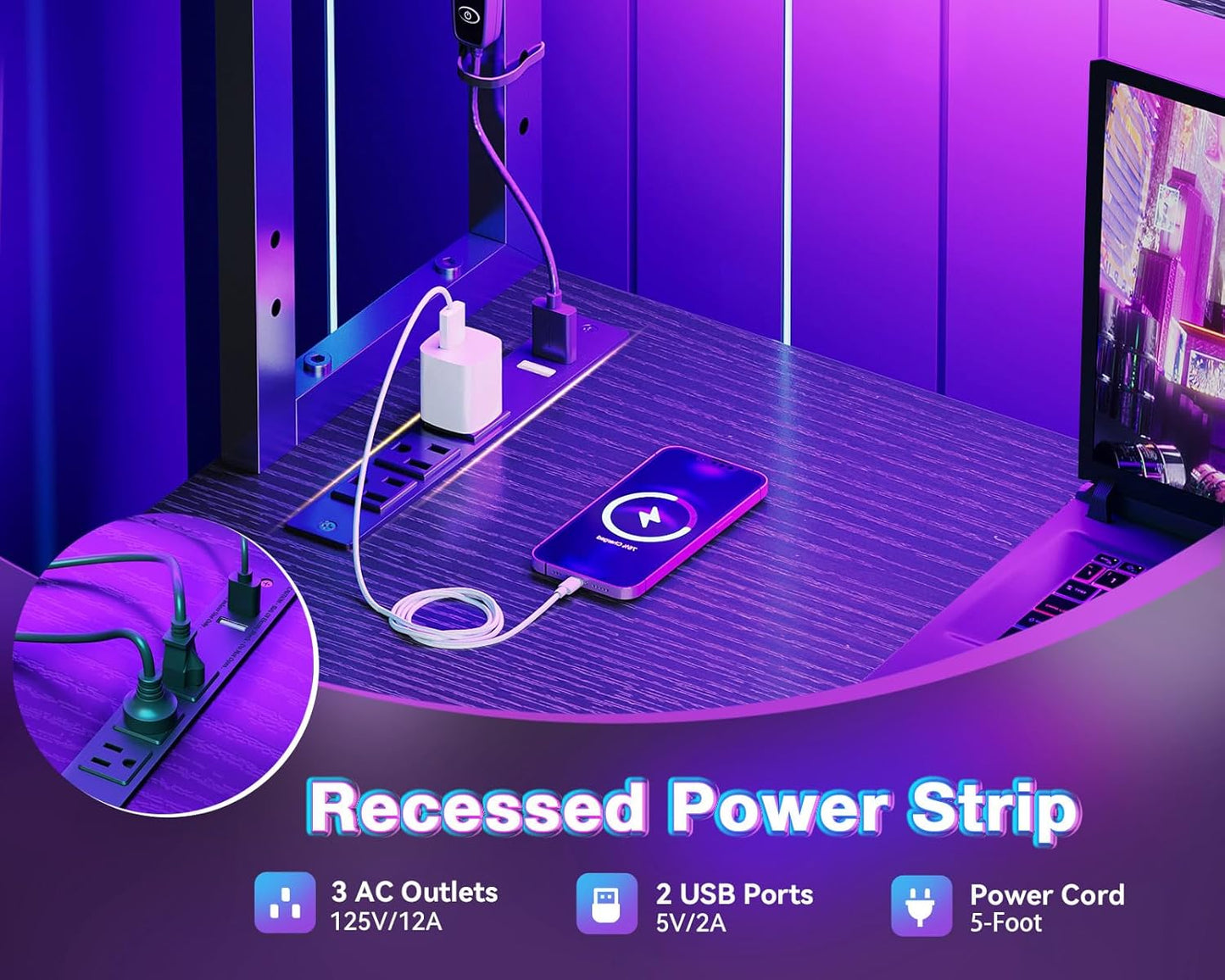 AODK L Shaped Desk Gaming Desk with LED Light & Power Outlet, 43 Inch Reversible L Shaped Computer Table with Shelf, Corner Desk with Storage Bag&Hook for Home Office Desk, Black