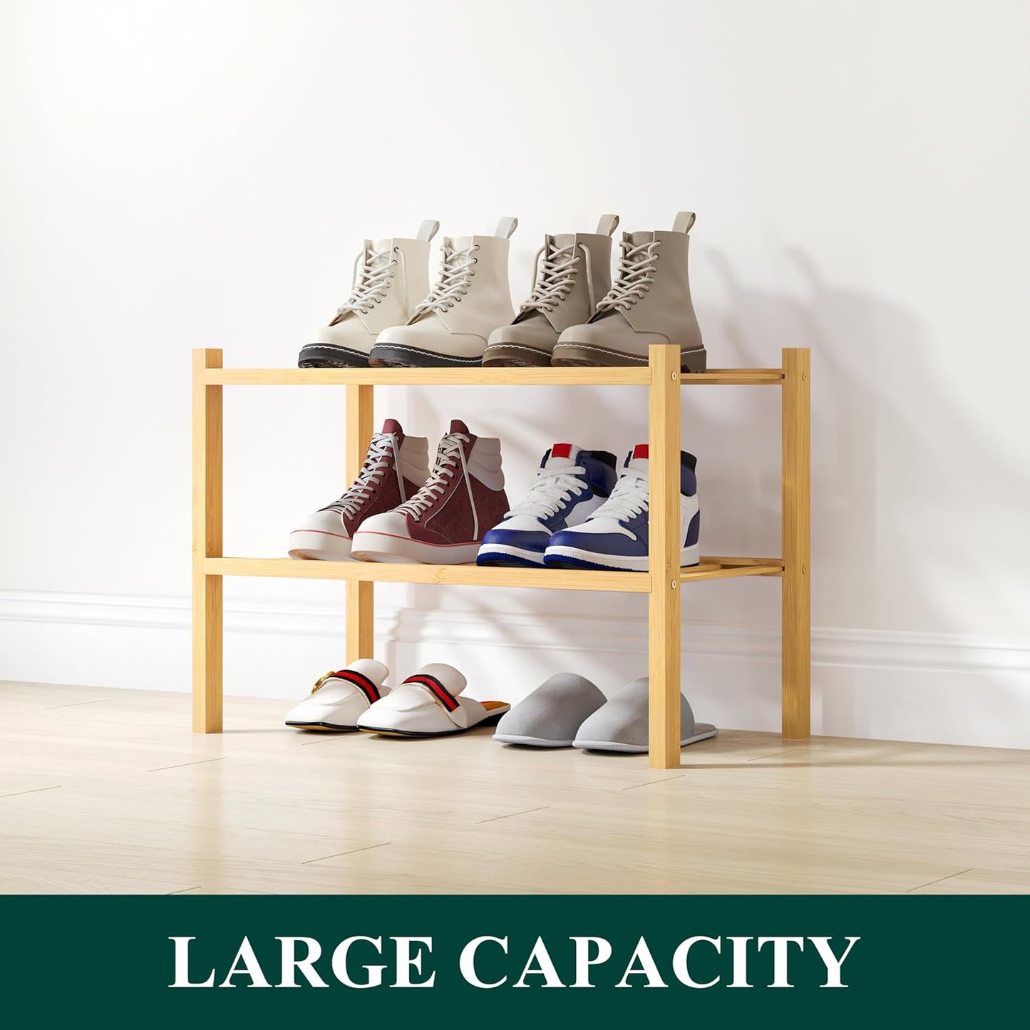 Smiry Shoe Rack, 2 Tier Small Bamboo Shoe Organizer, Stackable Free Standing Wooden Shoe Storage Shelf for Closet, Entryway, Front Door Entrance, Natural