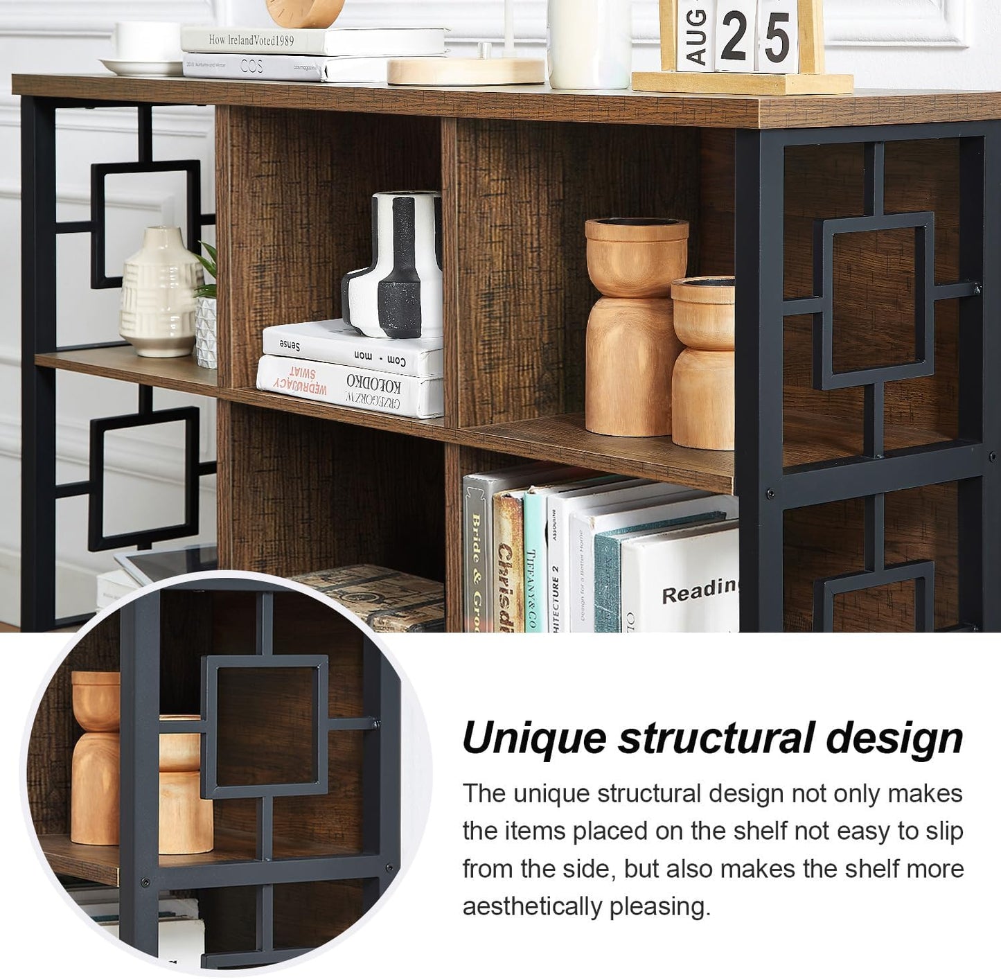 HOMISSUE 6 Cube Storage Organizer Shelf, Rustic Short Bookshelf with 3 Storage Bins, Industrial Horizontal Bookshelf with Metal Frame, Low and Wide Cube Bookcase for Living Room and Office, Brown