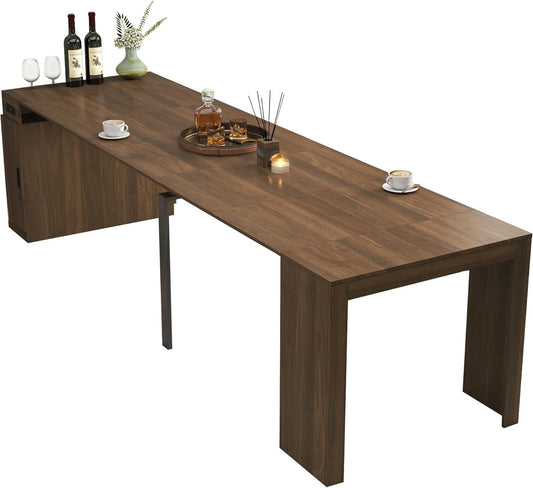 Expandable Dining Table, Convertible Table for Dining Room, Kitchen and Small Spaces, for 2-10 People(with Storage Cabinet and Outlet), Walnut Brown