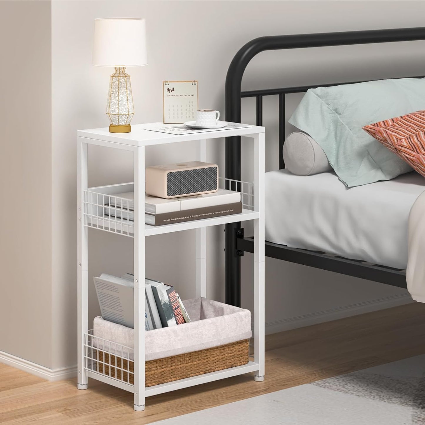 LELELINKY White Side Table with Storage, Small End Table Printer Stand for Small Spaces, Record Player Stand with Vinyl Storage, Sofa Night Stands for Living Room Bedroom