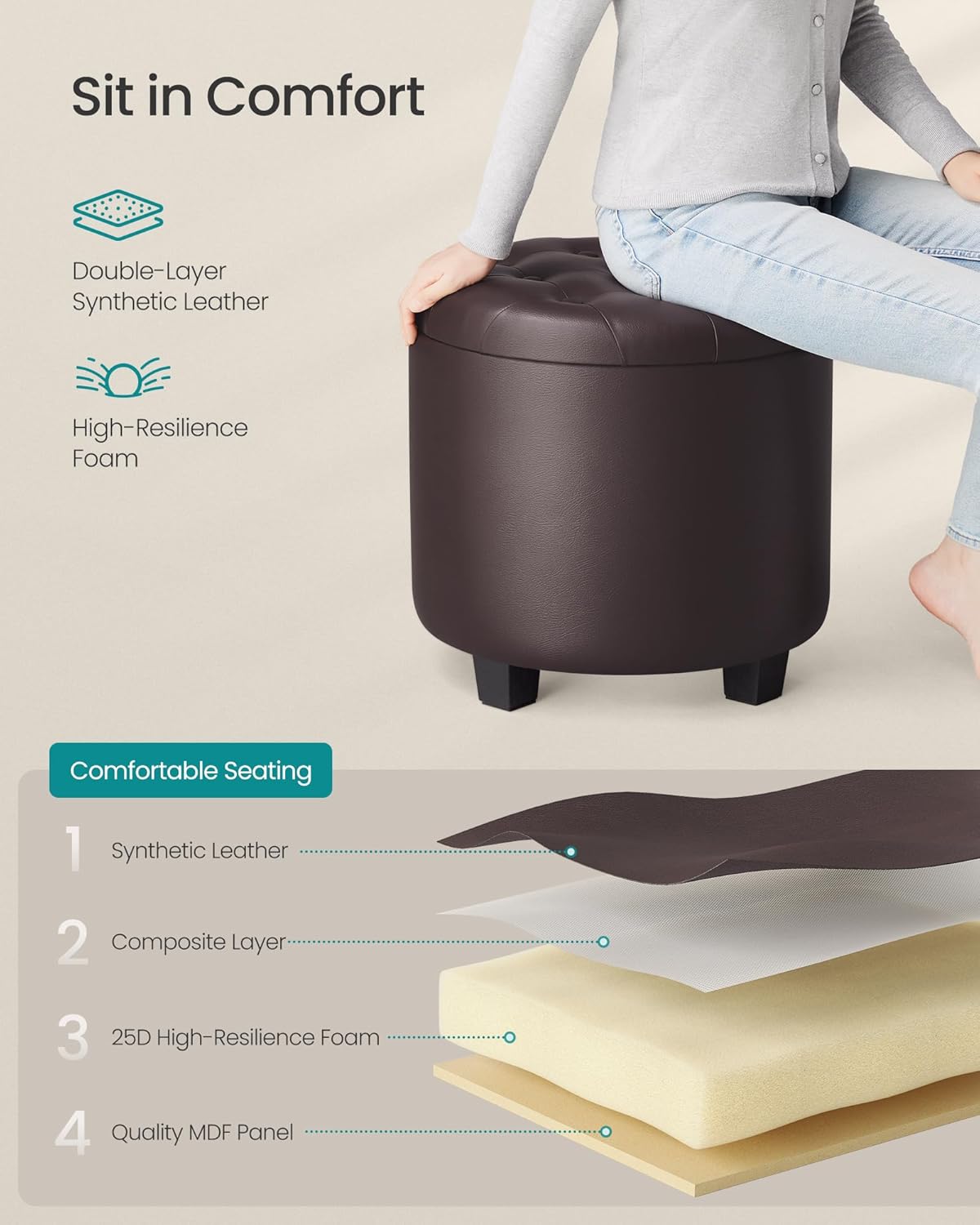 SONGMICS Round Ottoman, Ottoman with Storage, 17.7 x 17.7 x 17.5 Inches, Foot Rest with Legs, Synthetic Leather, Load up to 330 lb, for Living Room, Bedroom, Chestnut Brown ULOM014K01