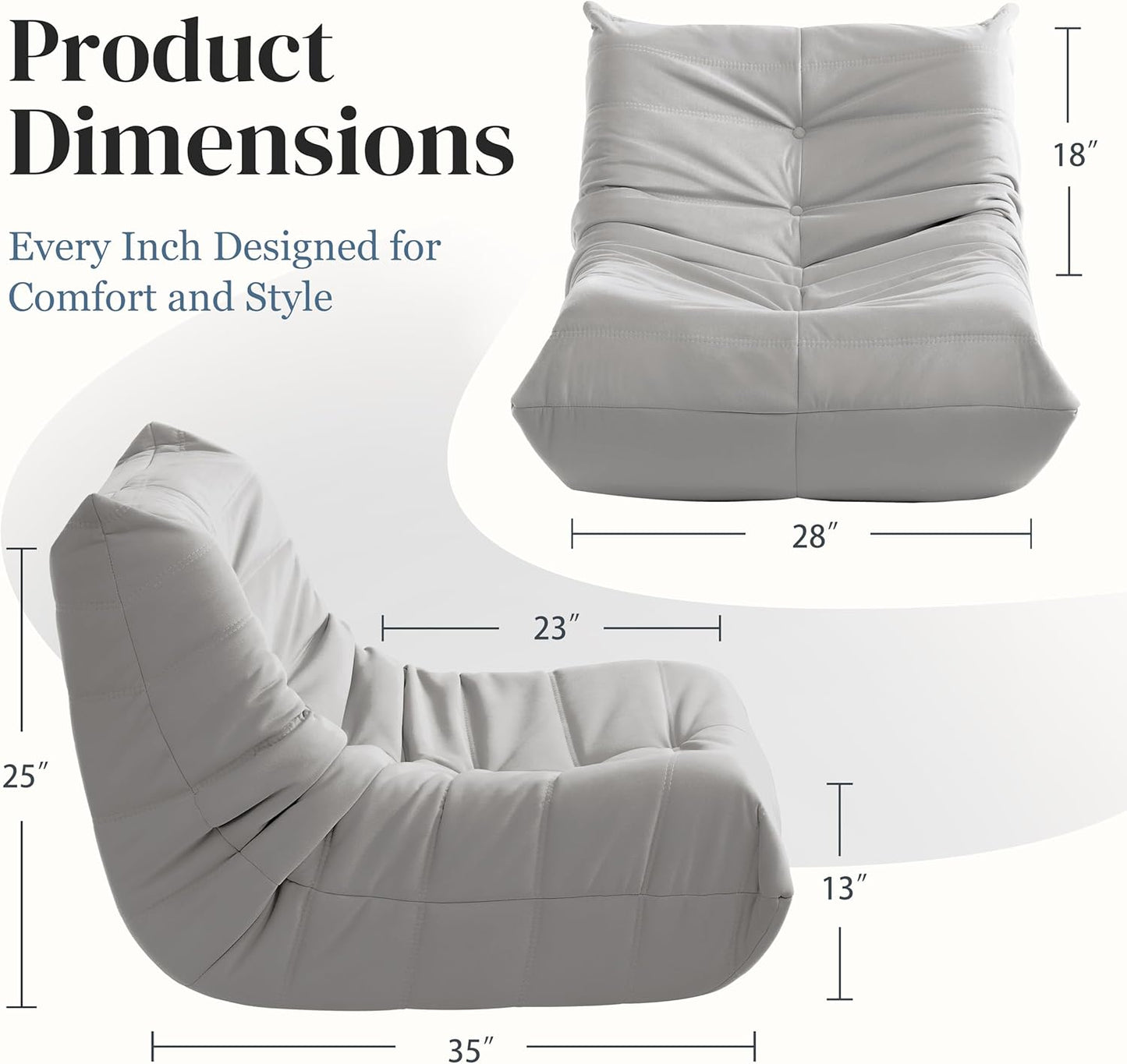 Bean Bag Chair, Fireside Chair Bean Bag Sofa for Adults, Bean Bag Chairs for Teens with High-Resilience Foam, Memory Foam & Non-Slip Base Bean Bag for Living Room, Bedroom, Office (Suede, Light Gray)