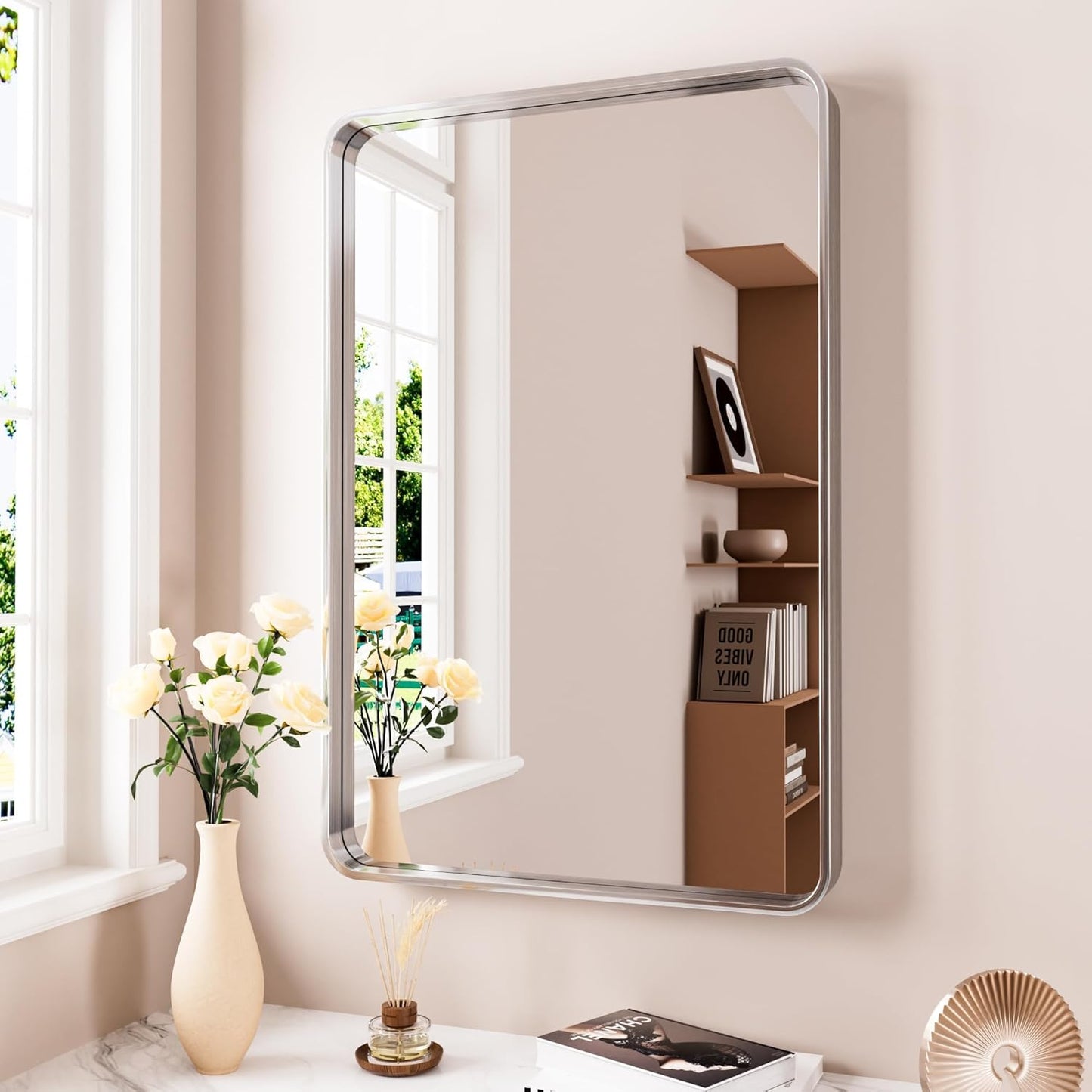 24x36 Inch Brushed Nickel Bathroom Mirror, Brushed Silver Metal Frame Mirror Wall Mounted, Rounded Rectangle Bathroom Vanity Mirror, Tempered Glass, Anti-Rust, Horizontal/Vertical