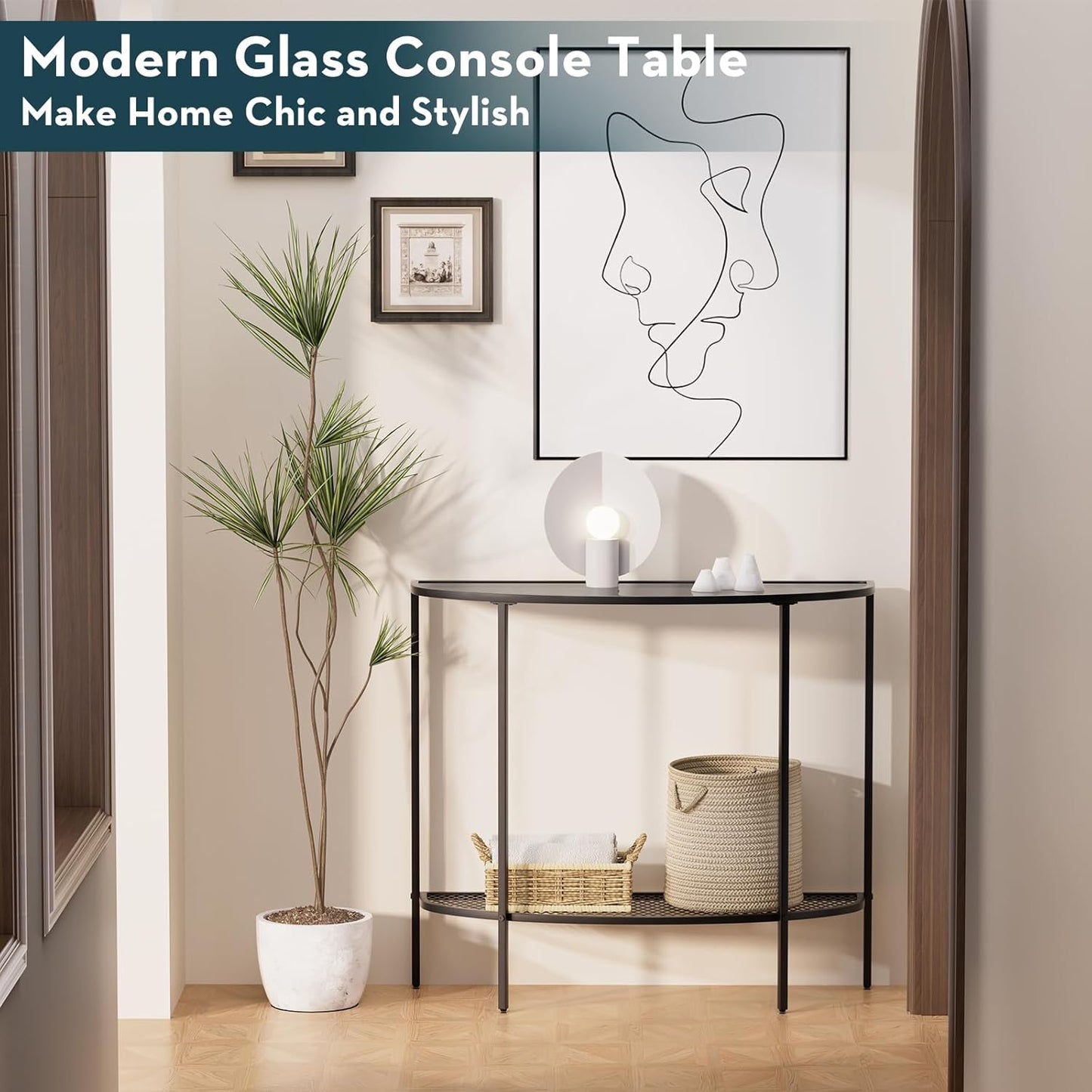 SAYGOER Glass Console Table 2 Tier Half Moon Entryway Table Modern Couch Table Small Entry Way Tables for Living Room Hallway, Easy Assembly, Gray Glass