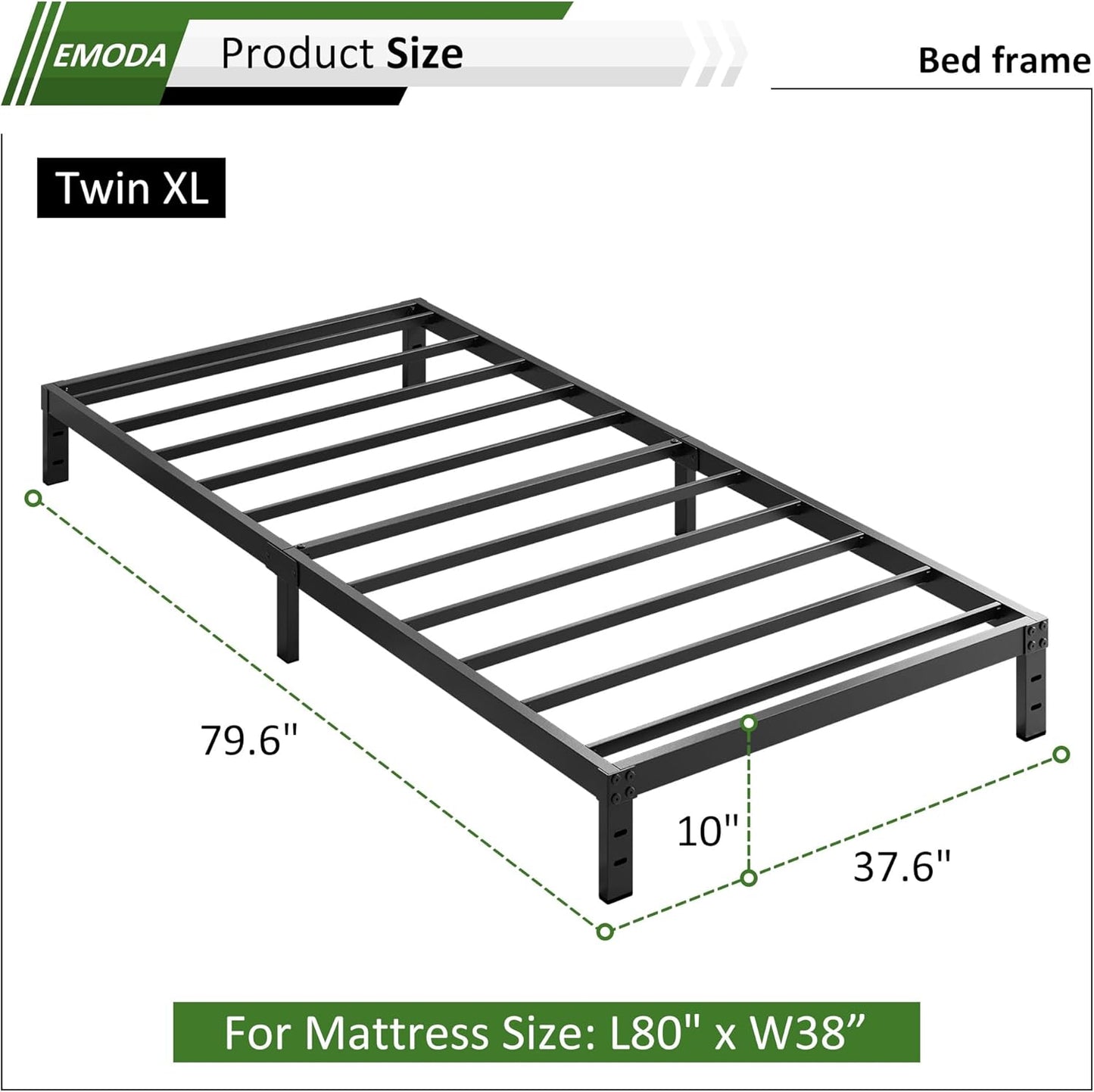EMODA 10 Inch Twin XL Bed Frames No Box Spring Needed, Heavy Duty XL Twin Metal Platform Bed Frame, Noise Free, Easy Assembly, Black