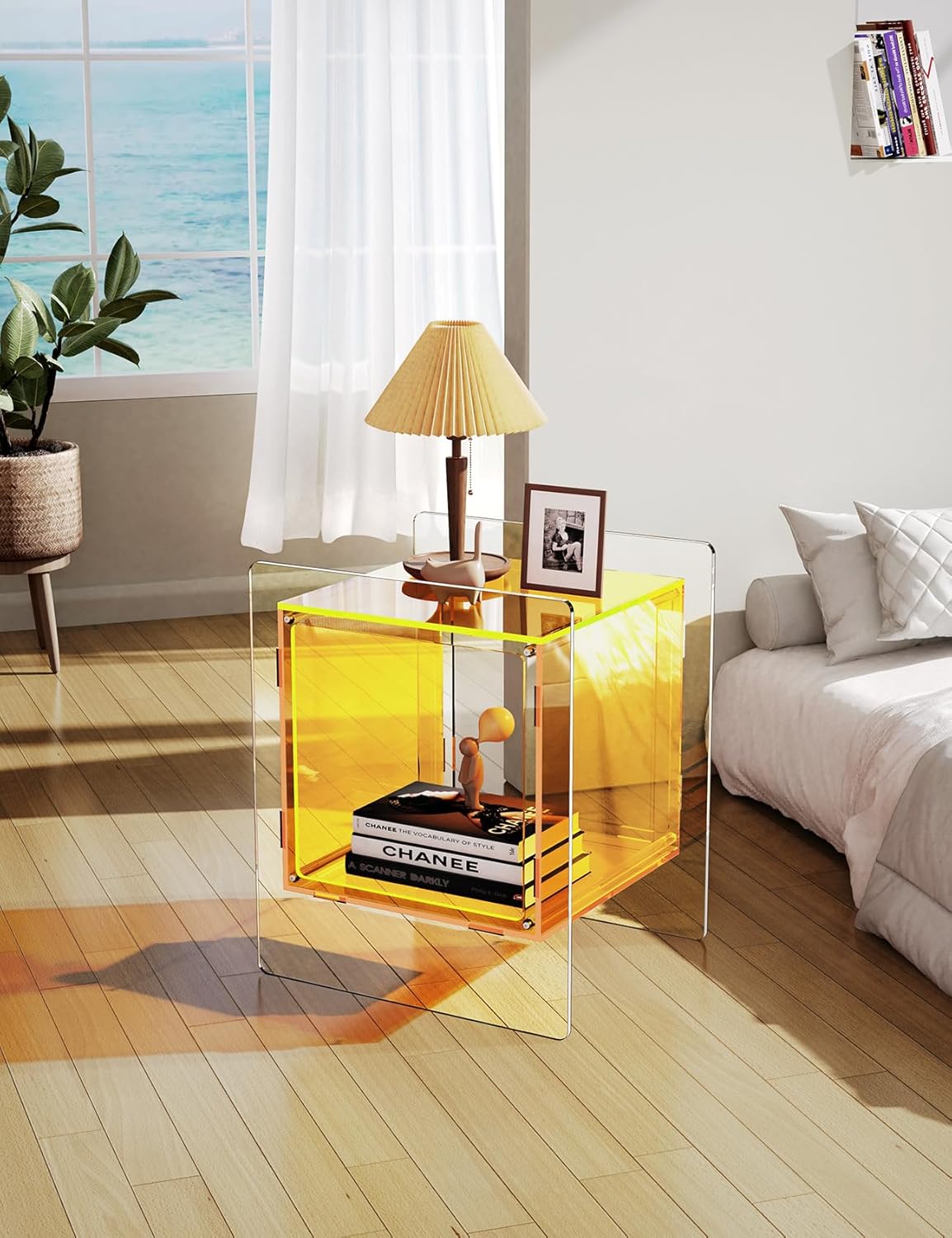 Acrylic Nightstand Colorful Bedside Table with Open Storage Shelf,Clear Side Table for Living Room (1, Yellow)