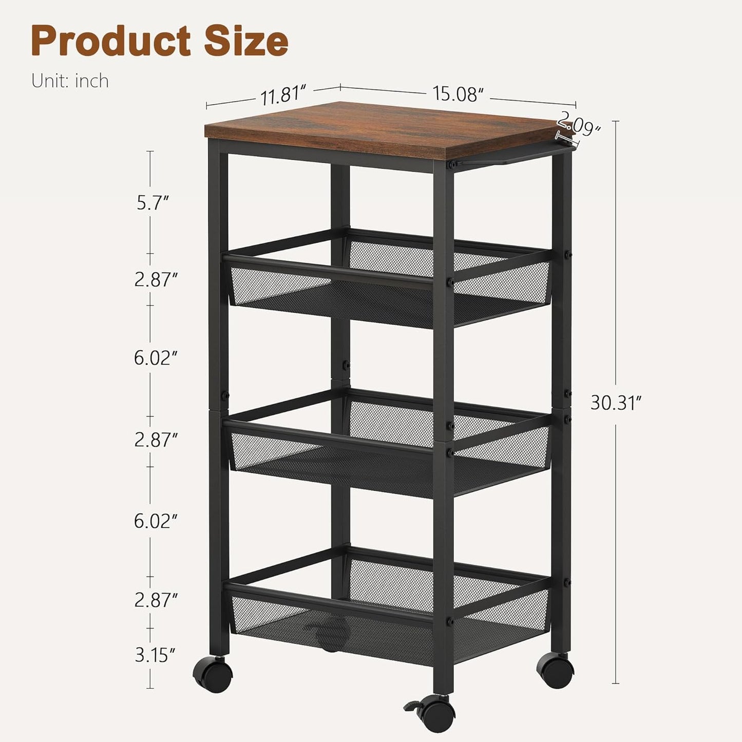 Hoctieon Rolling Storage Cart, 4-Tier Wide Panel Kitchen Storage Cart, Utility Carts with Handle & Wheels, Mobile Shelving Unit, Metal Frame Narrow Carts for Home Kitchen, Laundry, Rustic Brown