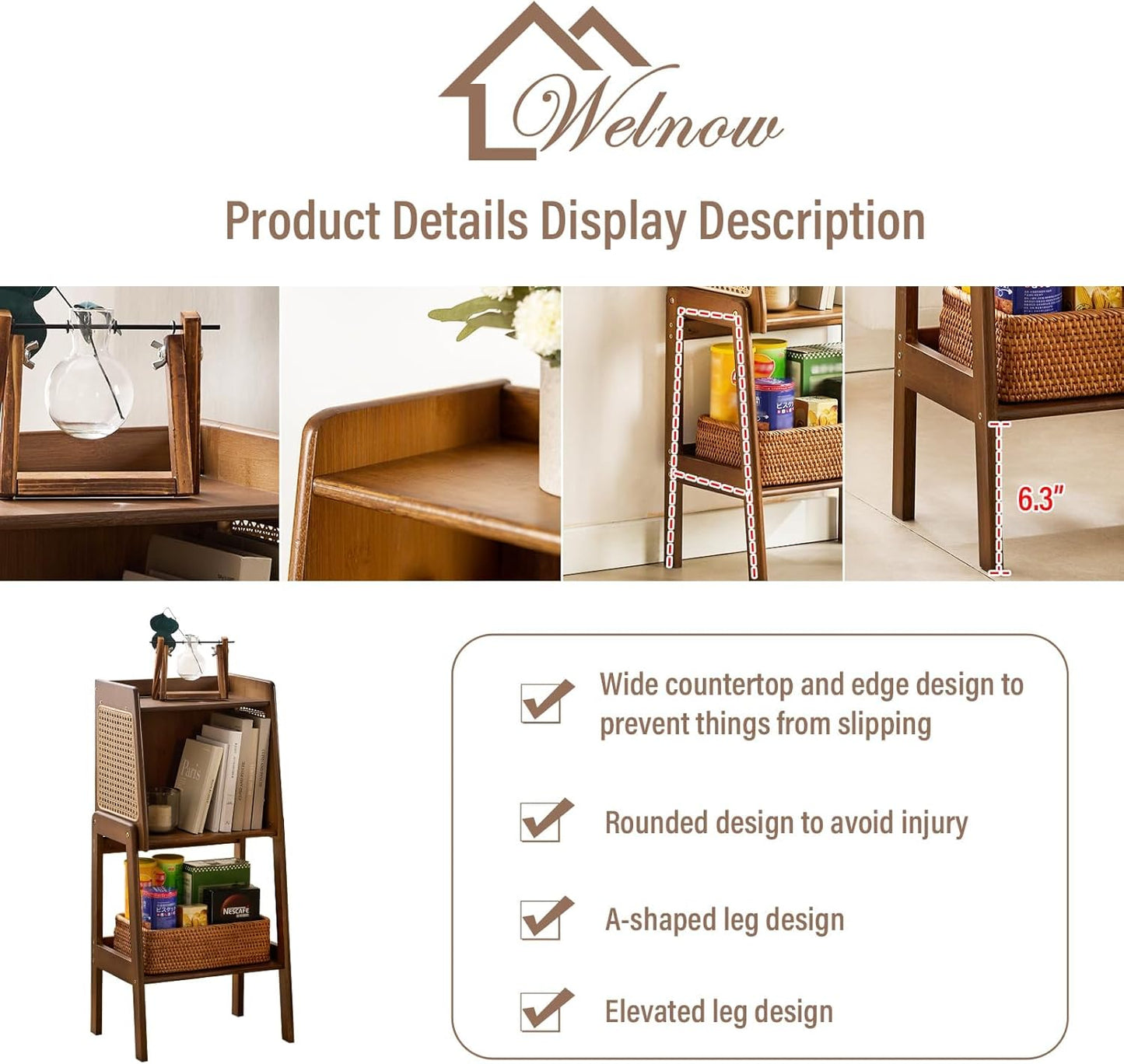 Welnow Bamboo Rattan Bookcase with Cabinet, 1-Tier Storage Shelf with Side Table & End Table Function, Large Modern Wood Organizer for Living Room or Bedroom, Walnut Bookshelf