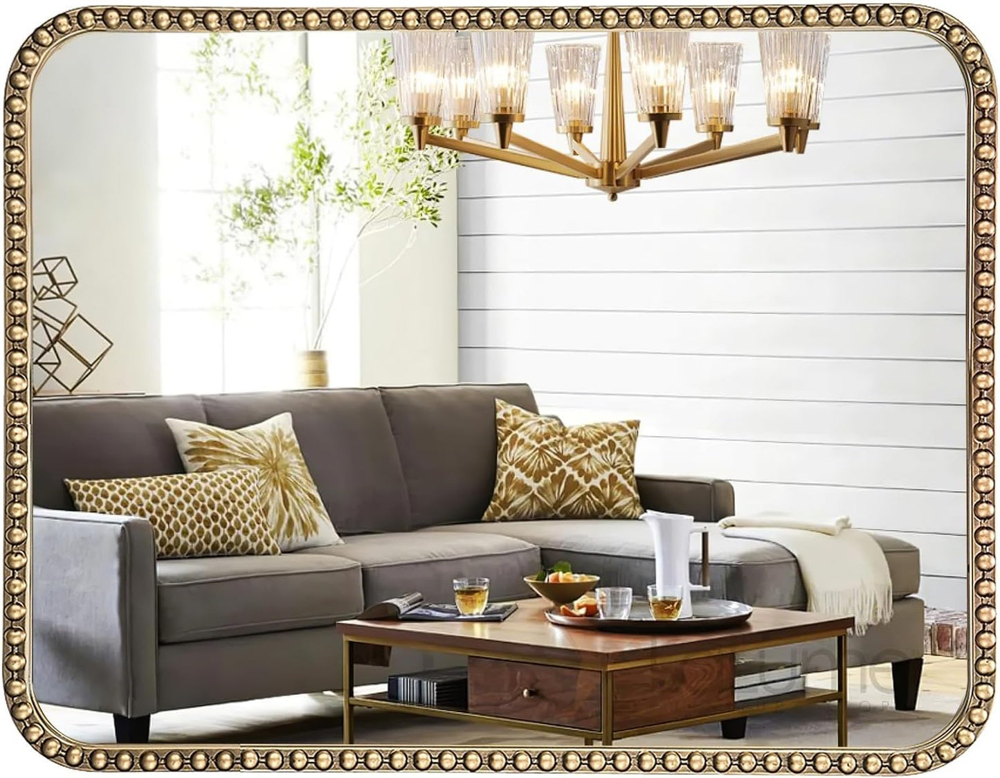 30"x36" Antique Brass Mirror with Beaded Frame for Bathroom, Champagne Bronze Mirrors for Bathroom, Antique Brass Metal Frame Wall Mirrors, Gold Beaded Mirror for Vanity Ornate Bedroom