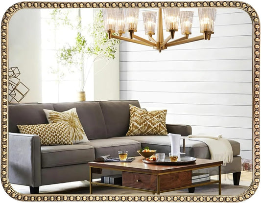 30"x36" Antique Brass Mirror with Beaded Frame for Bathroom, Champagne Bronze Mirrors for Bathroom, Antique Brass Metal Frame Wall Mirrors, Gold Beaded Mirror for Vanity Ornate Bedroom