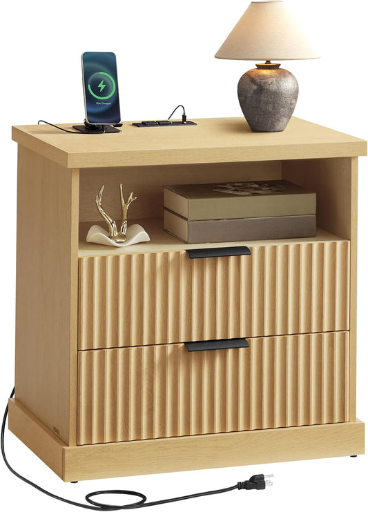 VASAGLE MAXE Collection - Nightstand with Charging Station, Bedside Table, Side End Table with 2 Drawers, Open Shelf, 2 AC Outlets, 2 USB Ports, Transitional, for Bedroom, Oak Beige ULET626Y01S
