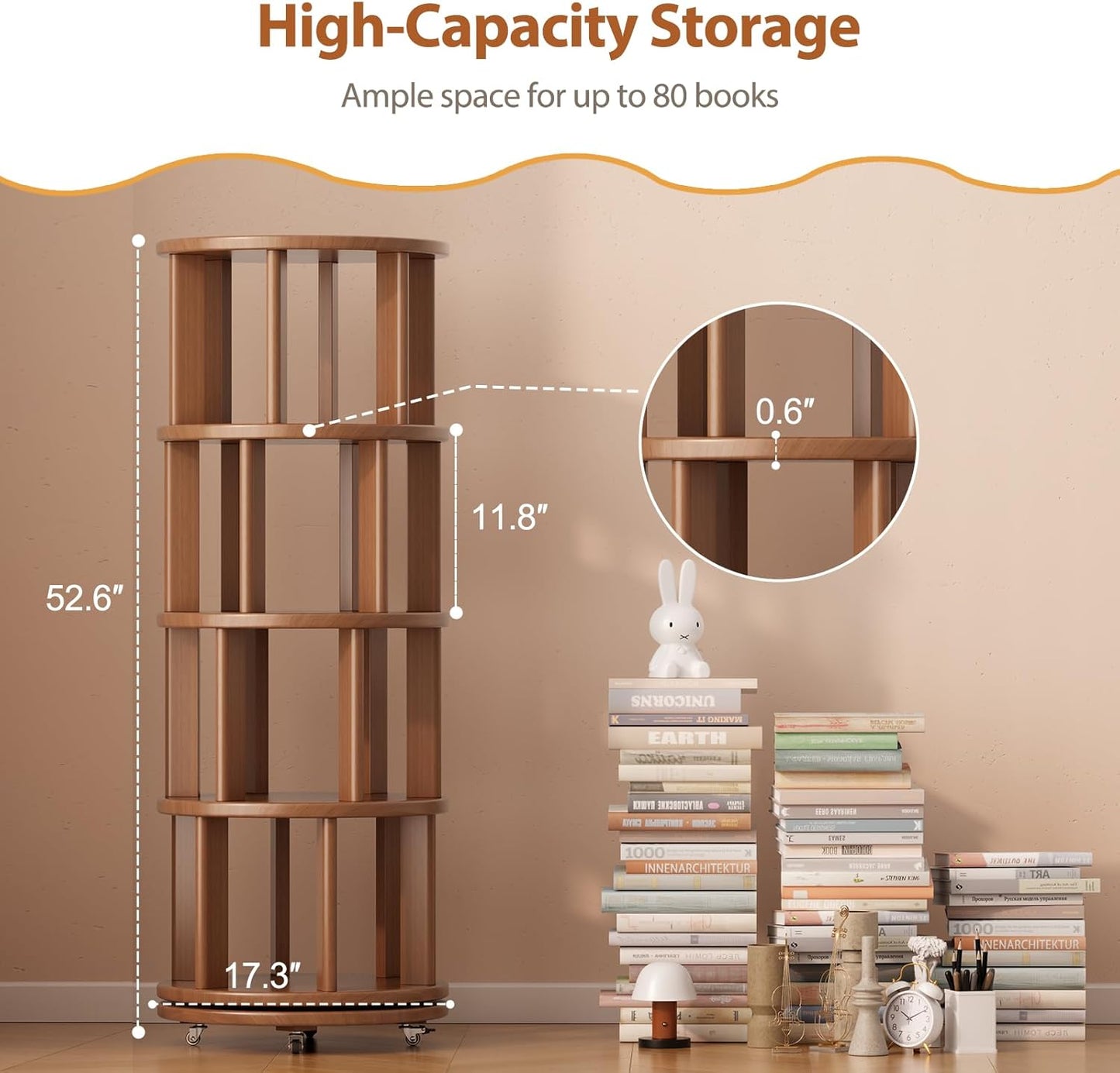 Solid Wood Rotating Bookshelf on Wheels, 4 Tier, Round Revolving Bookcase, 360° Spinning Book Shelf Tower for Kids, Narrow Rolling Bookshelves for Small Space, Corner, Bedroom, Office, Walnut
