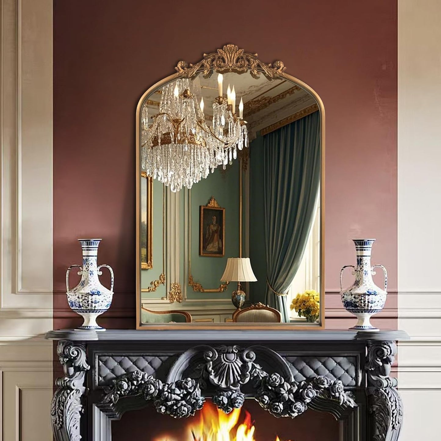 Antique Gold Arched Baroque Mirror 24x36 - Brass Finish Metal Frame, Intricately Carved Vertical Wall Mirror for Entryway, Living Room, Bathroom Vanity & Dining Room