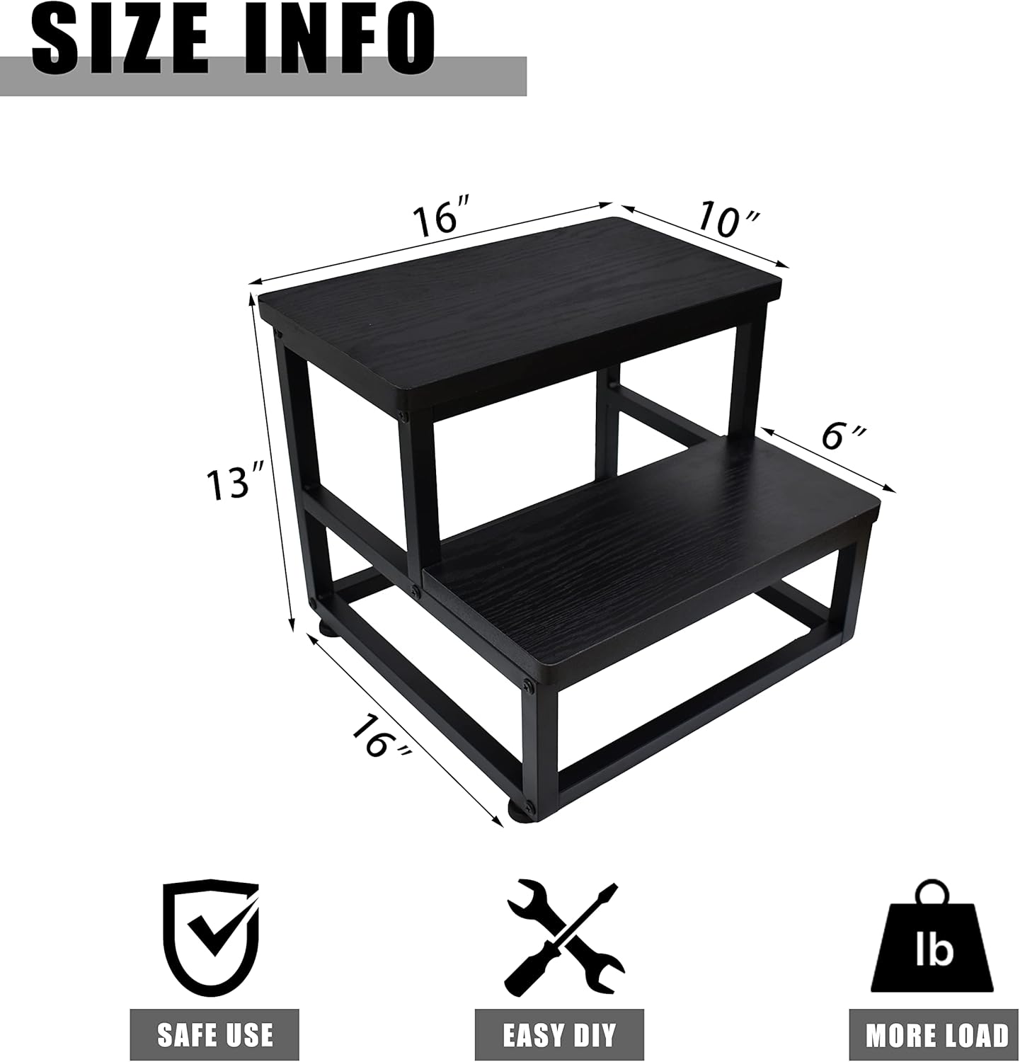 Step Stool, Bedside Steps for High Beds with Round Corners, 2 Steps Footstool for Adults, Metal and Wood Stepping Stool for Kitchen Bedroom, Load 500 LB, Black